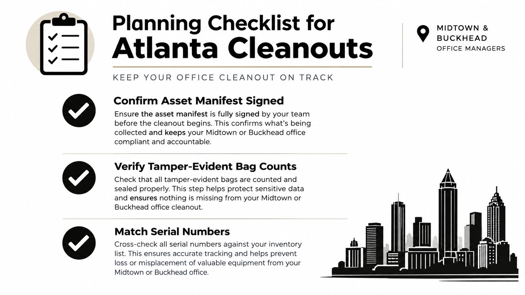 A planning checklist graphic for Atlanta office cleanouts for Midtown and Buckhead office managers to follow.