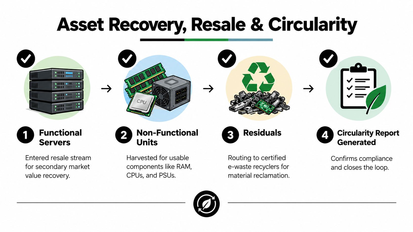A four-step infographic illustrating the process of IT asset recovery, server resale, and environmental circularity.