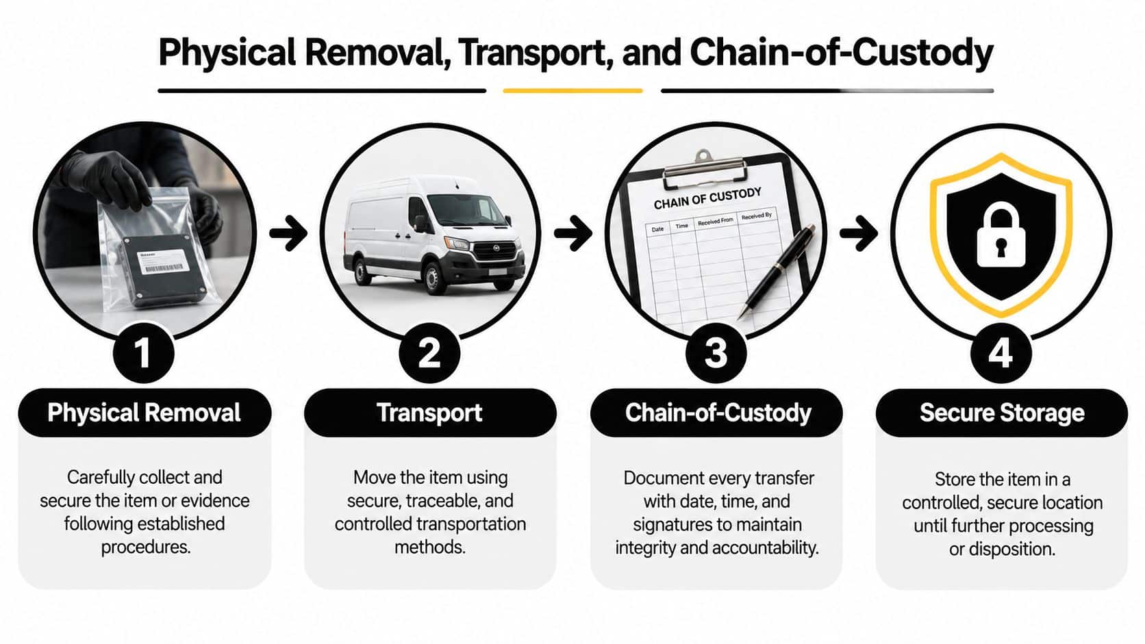 A four-step infographic illustrating the process of physical removal, transport, chain-of-custody, and secure storage of sensitive hardware.