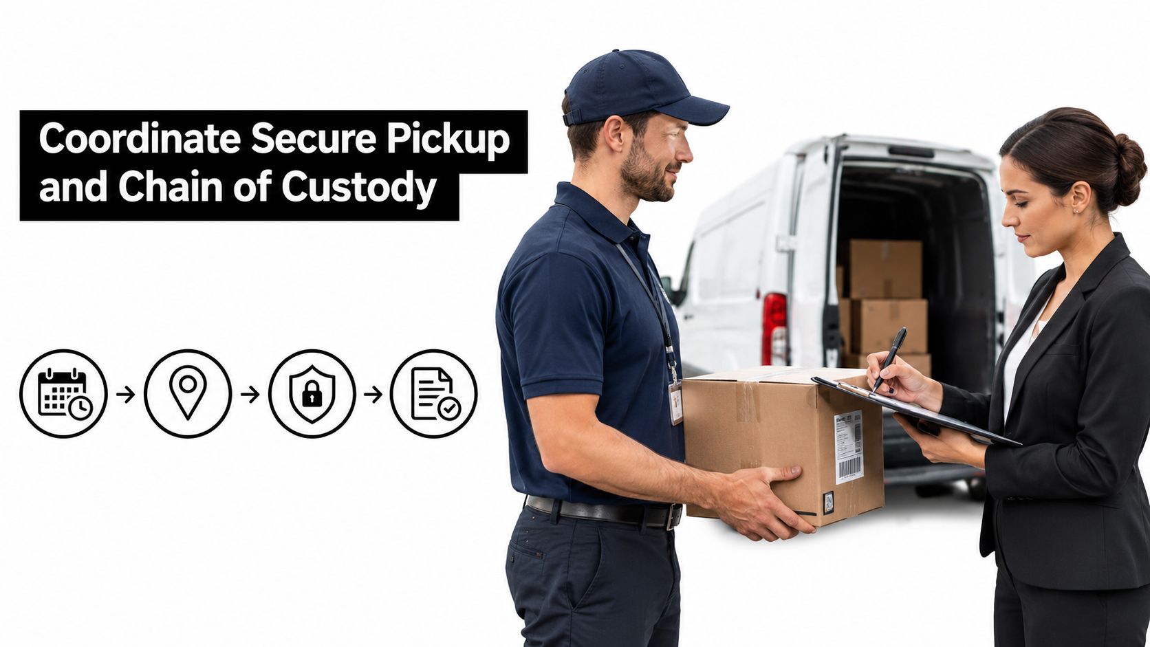 A professional delivery person handing a package to a woman who is signing for it.