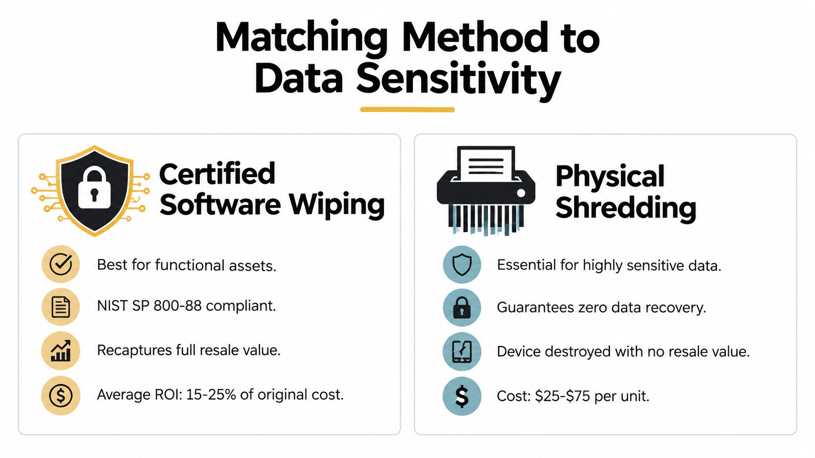 A comparison chart showing two data destruction methods, certified software wiping and physical shredding, for asset disposal.