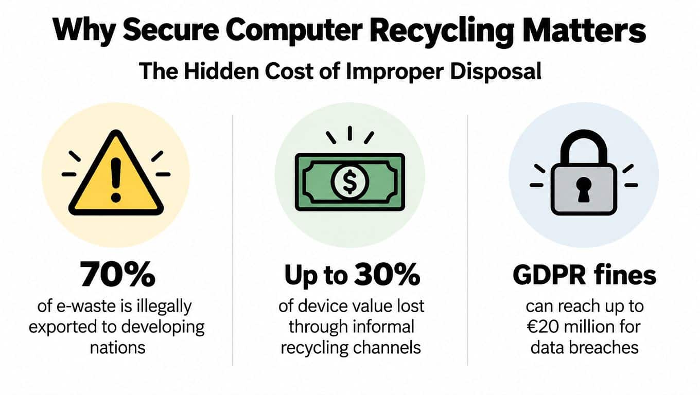 An infographic showing the hidden risks of improper business computer recycling, including illegal exports, value loss, and GDPR fines.