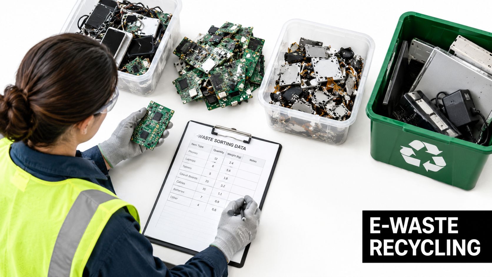 An e-waste worker documenting sorted electronic components like phones, tablets, and circuit boards on a clipboard.