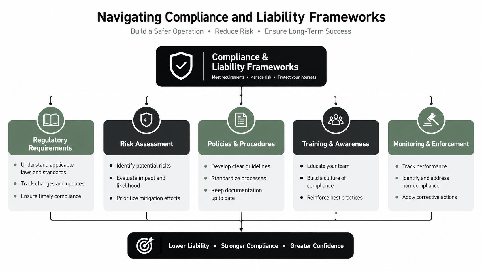 A diagram illustrating a five-step framework for business compliance, risk management, and ensuring long-term operational success.