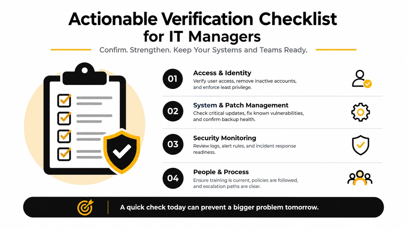 An infographic checklist for IT managers outlining security practices for access, patching, monitoring, and team processes.