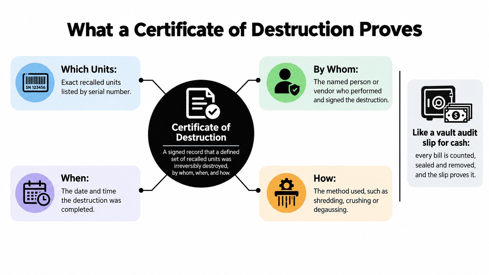 An infographic titled What a Certificate of Destruction Proves, detailing the key components of the documentation.