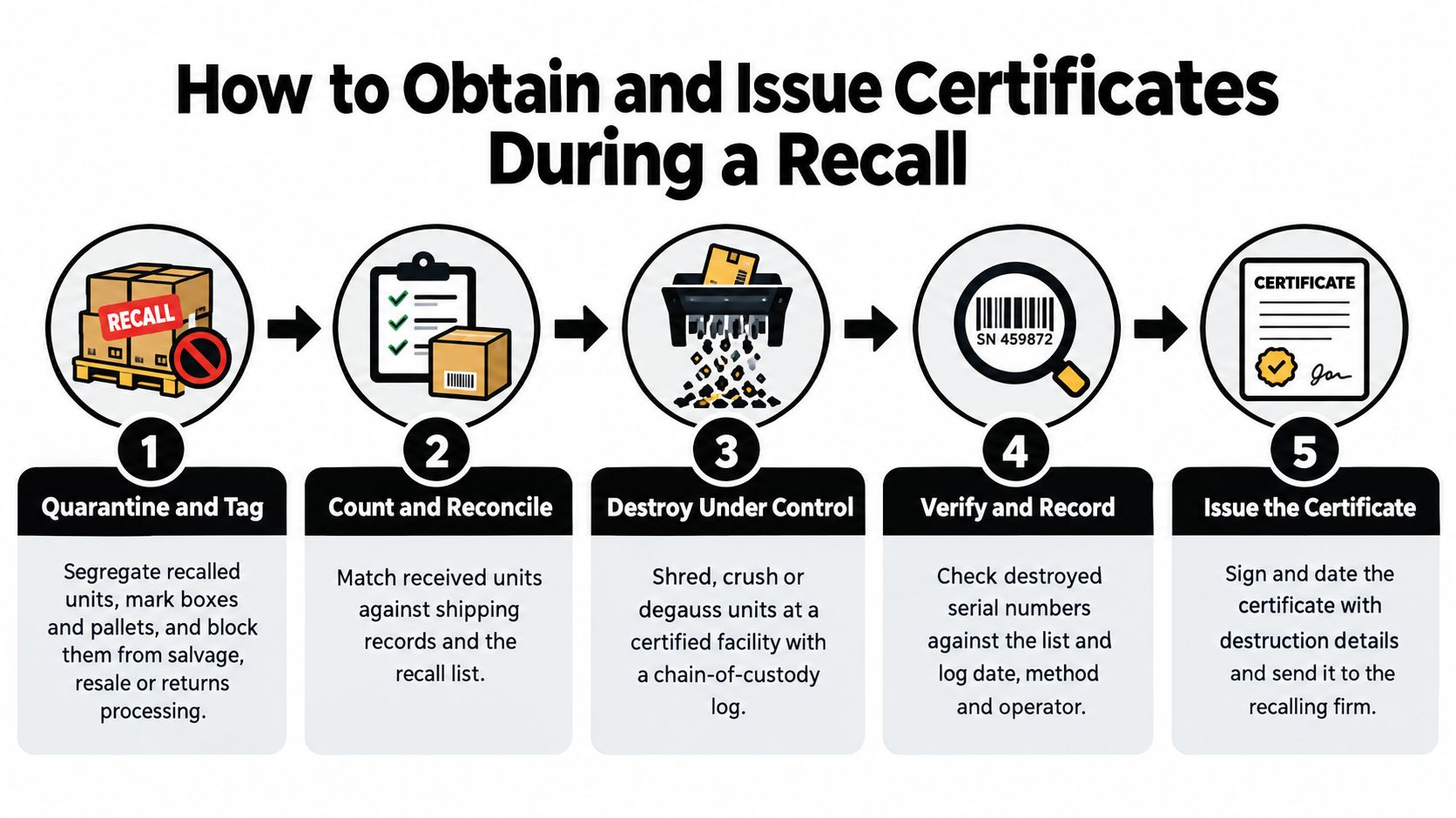 A five-step flowchart explaining the process of obtaining and issuing certificates during a product recall.