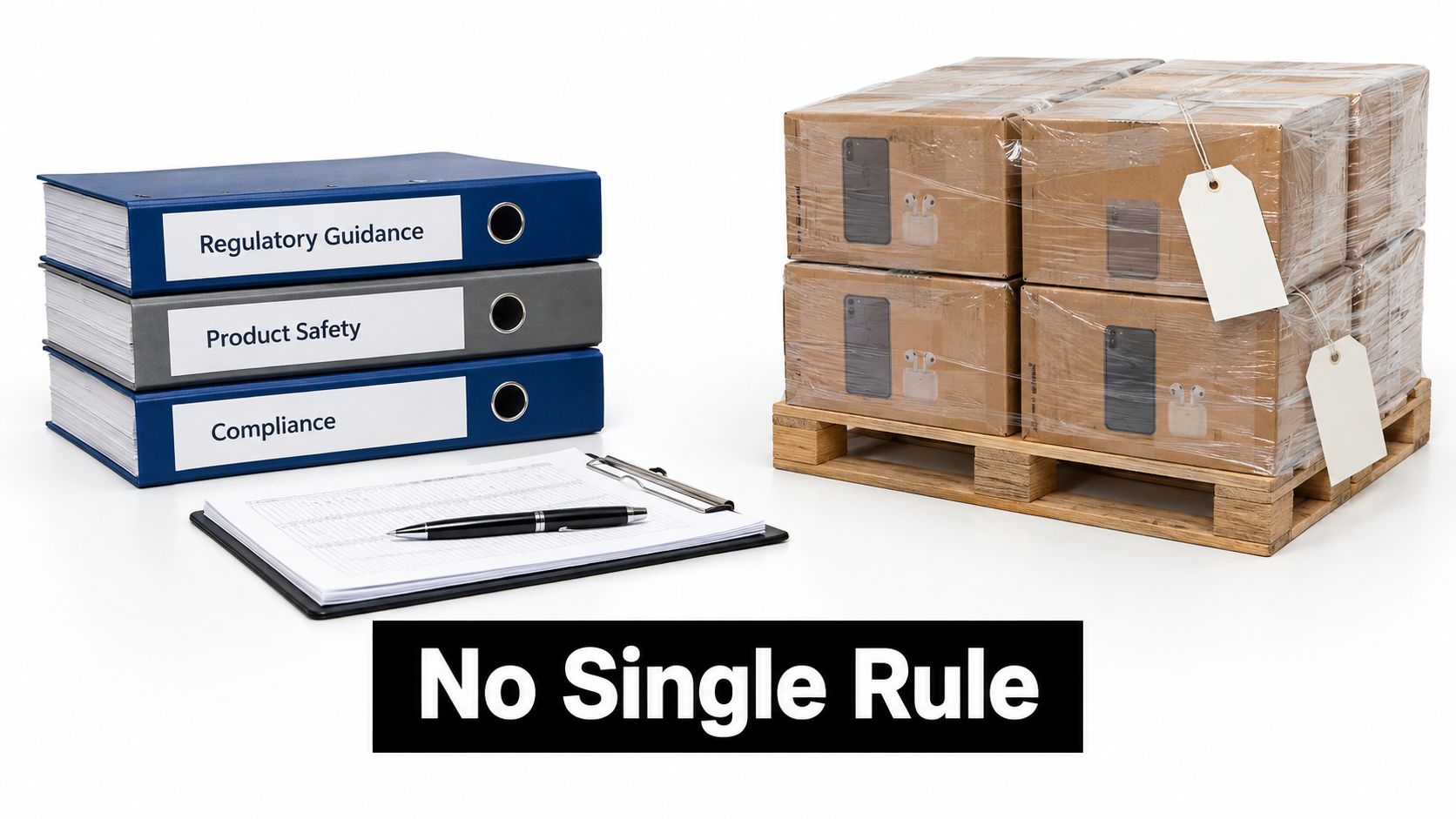 Stack of binders labeled regulatory guidance, product safety, and compliance next to a pallet of boxes.