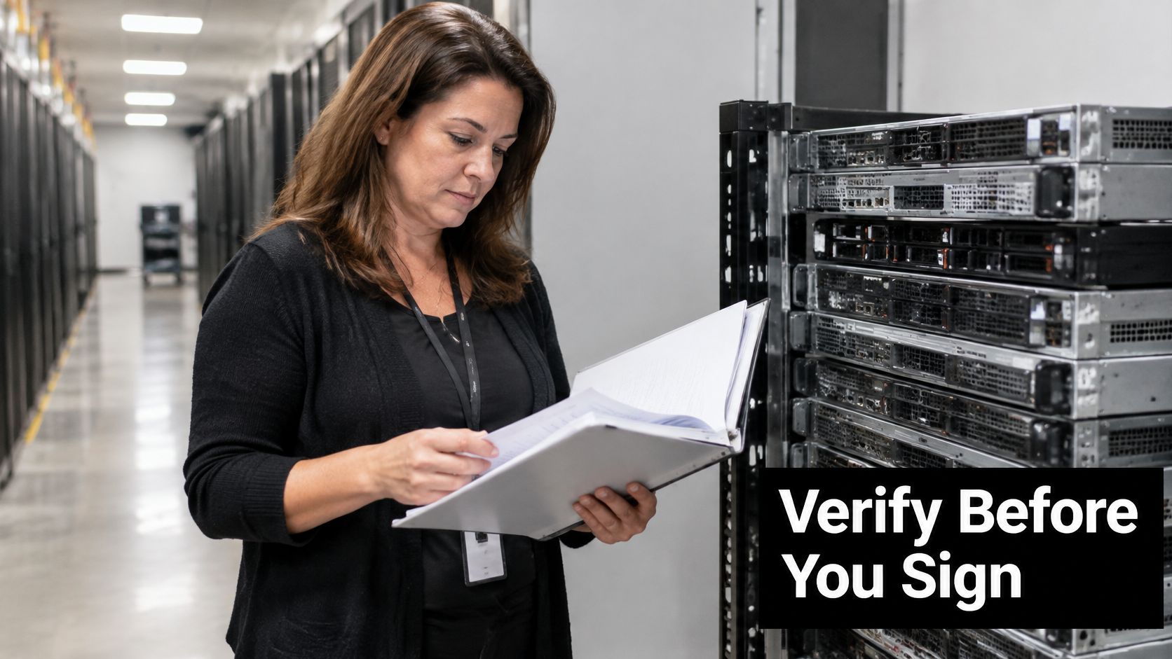 A professional woman in a data center verifying technical documents before signing them for work compliance.
