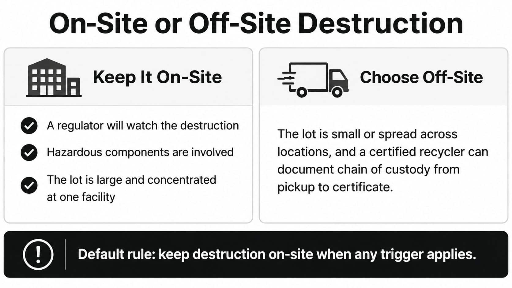 A comparison chart showing factors for choosing between on-site or off-site product destruction methods.