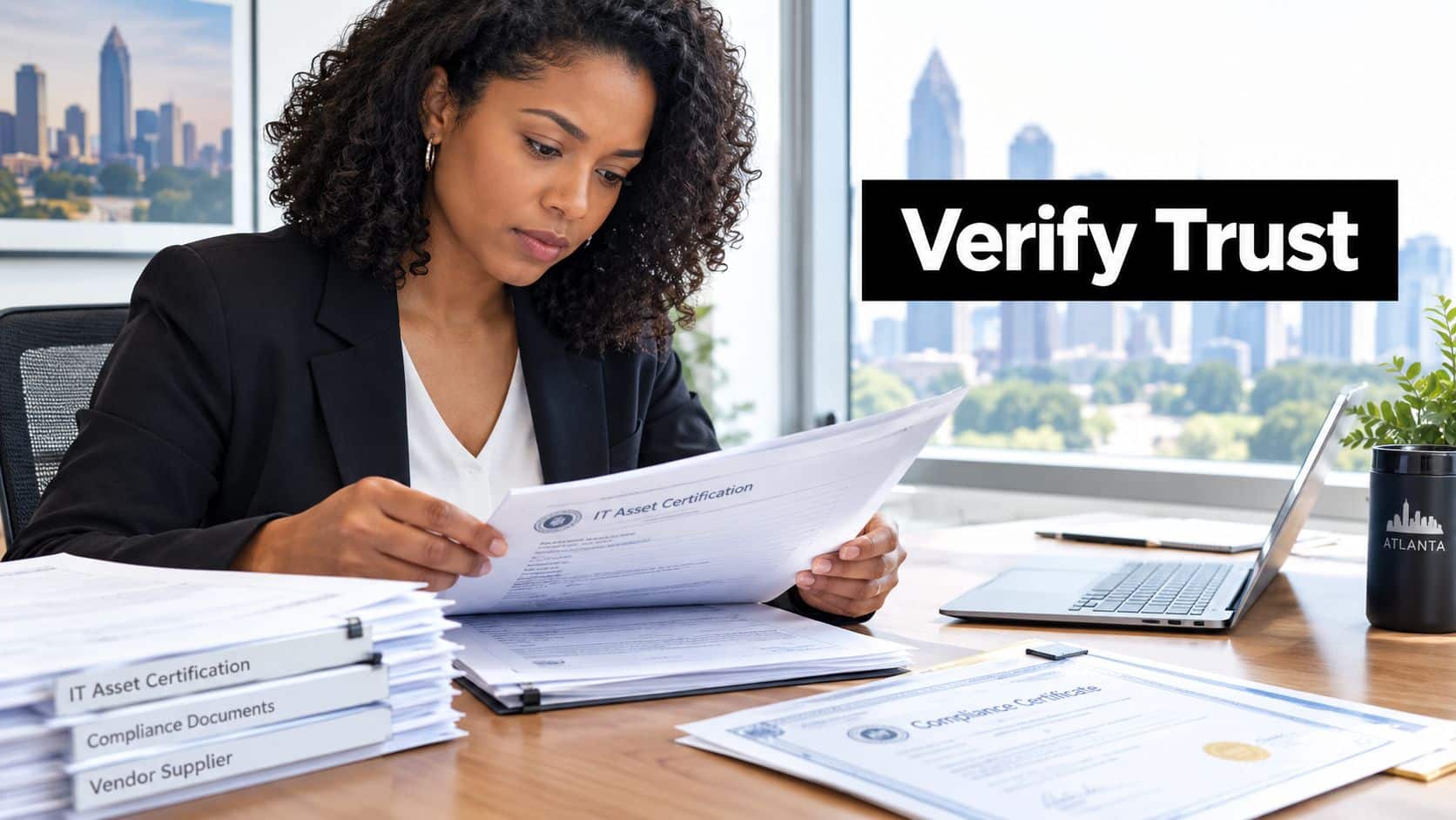 A professional woman in an office setting reviews IT asset certification and compliance documents in downtown Atlanta.