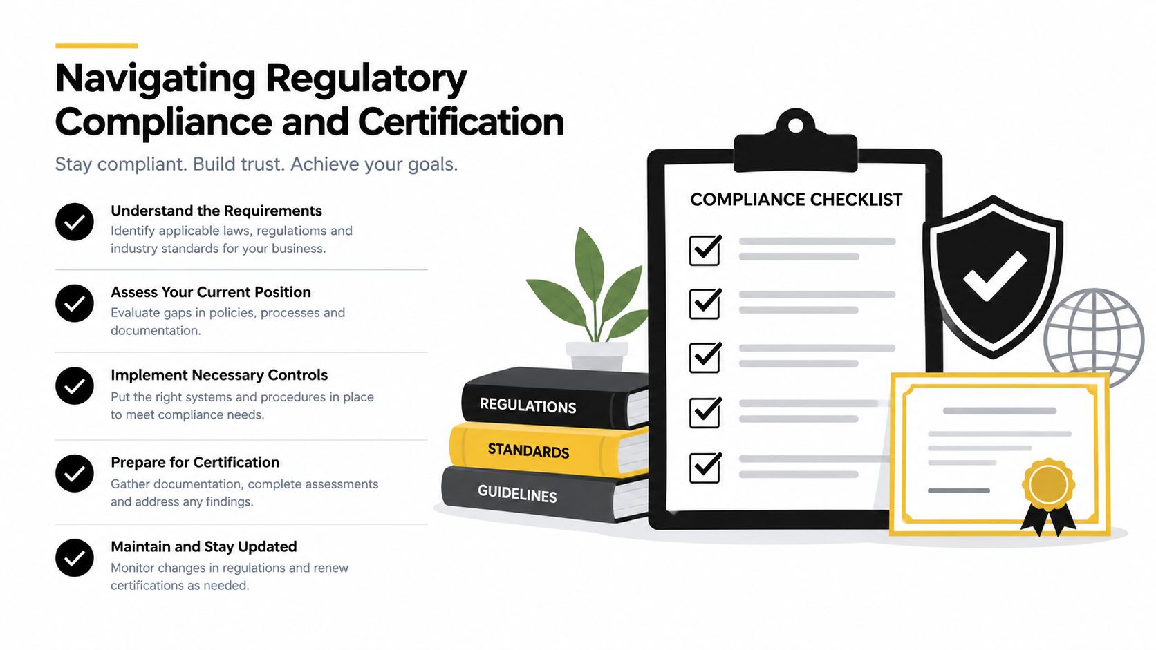 A professional infographic outlining the five essential steps for successfully navigating regulatory compliance and certification in business.