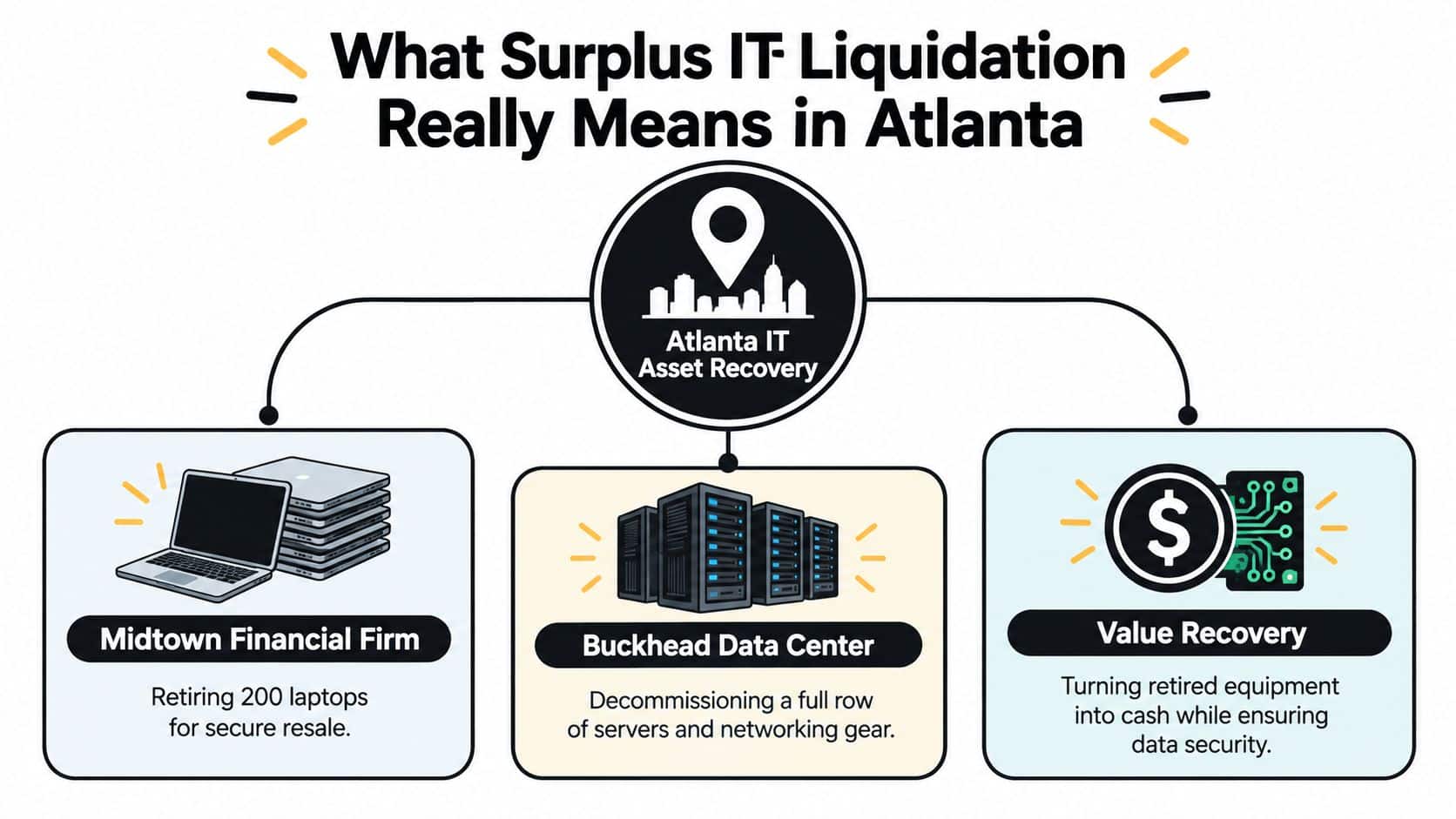 An infographic showing Atlanta IT asset recovery services for laptops, data centers, and secure value recovery.