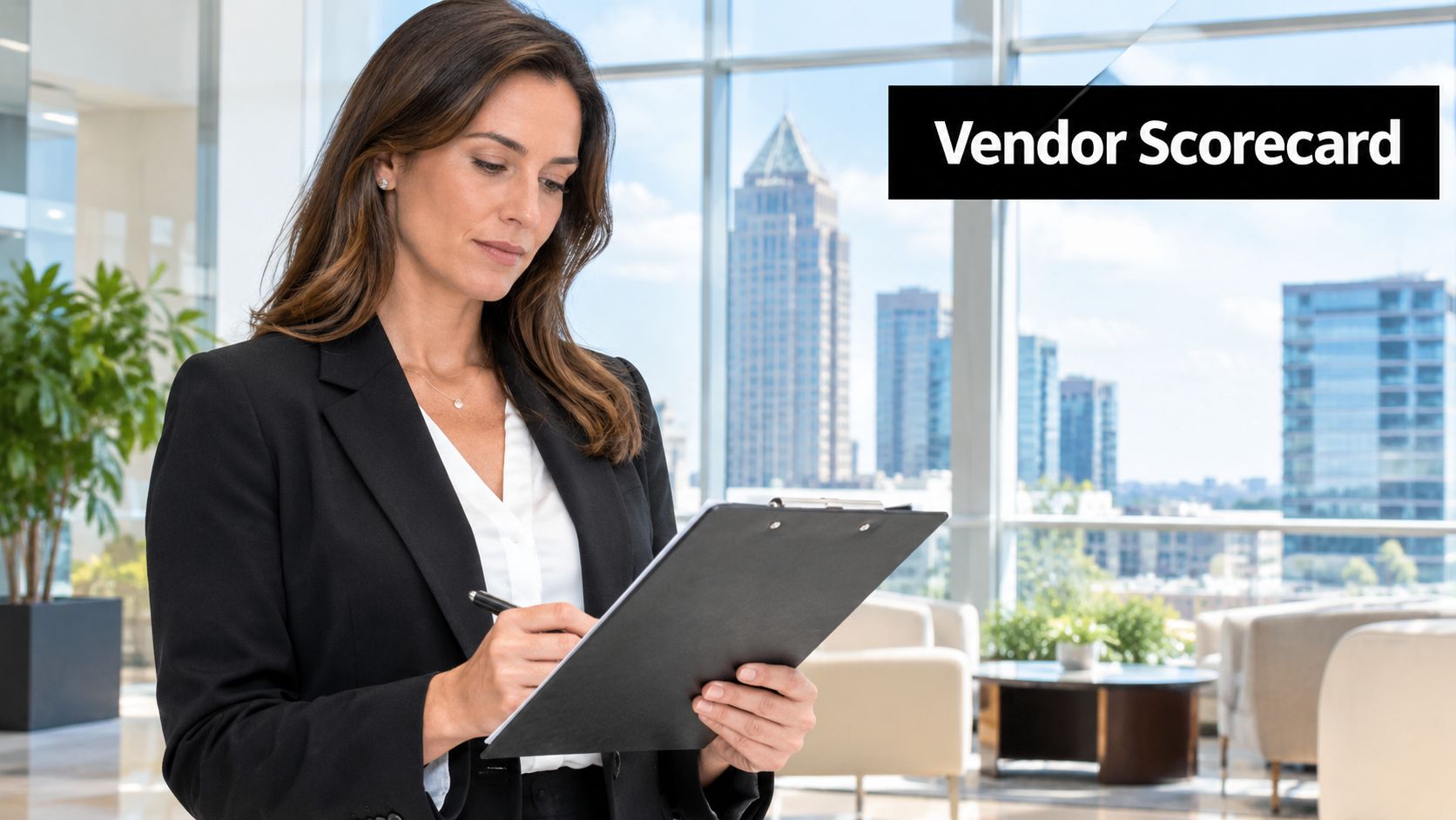 A professional woman in a business suit reviewing a vendor scorecard inside a bright modern office.