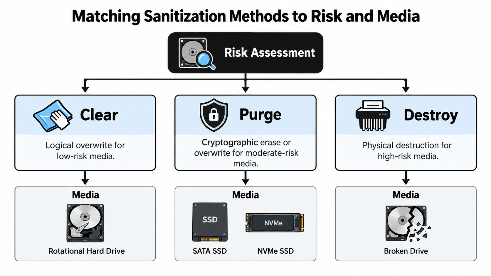 A diagram illustrating data sanitization methods including Clear, Purge, and Destroy matched with corresponding storage media types.