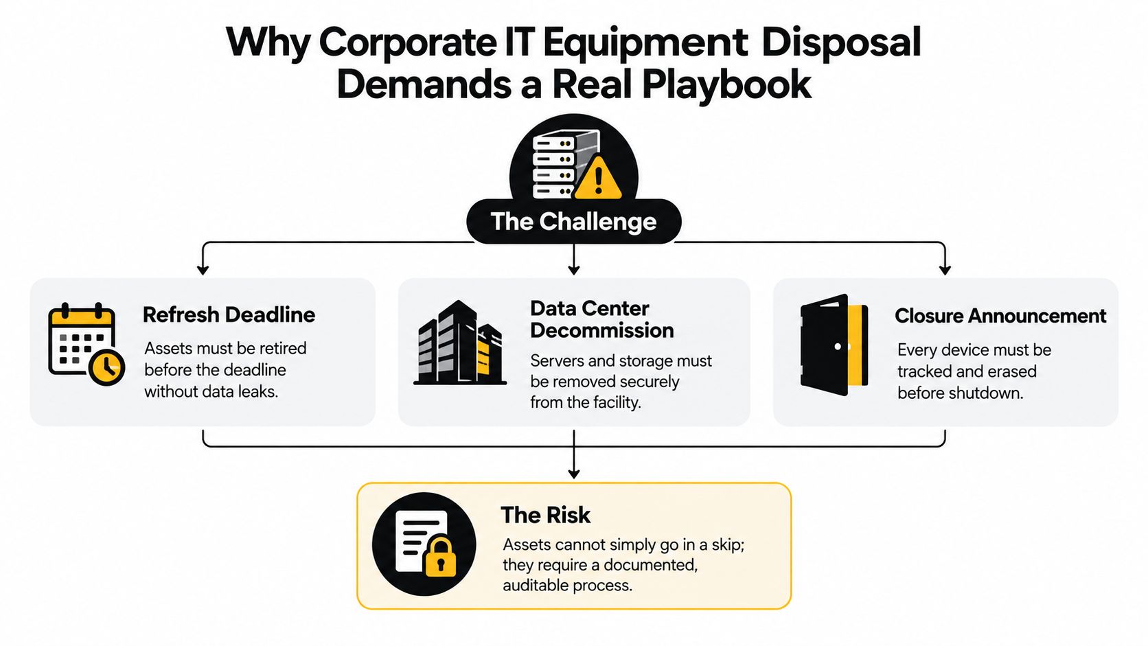 A diagram illustrating the challenges and risks involved in corporate IT equipment disposal and decommissioning processes.
