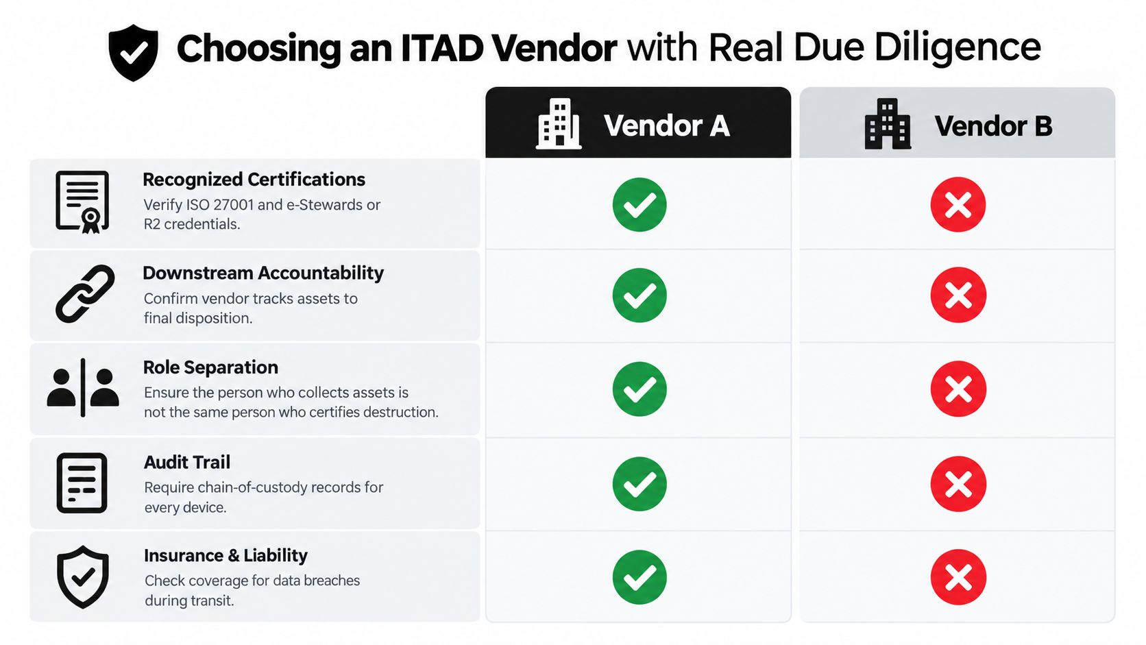 A comparison chart showing Vendor A with checkmarks and Vendor B with X marks for due diligence criteria.