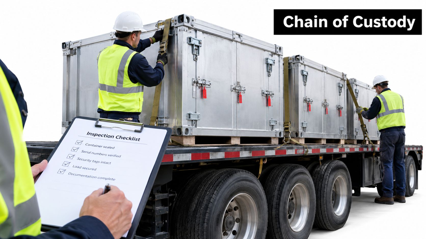 Two logistics workers securing shipping containers on a flatbed trailer while a third checks a documentation checklist.