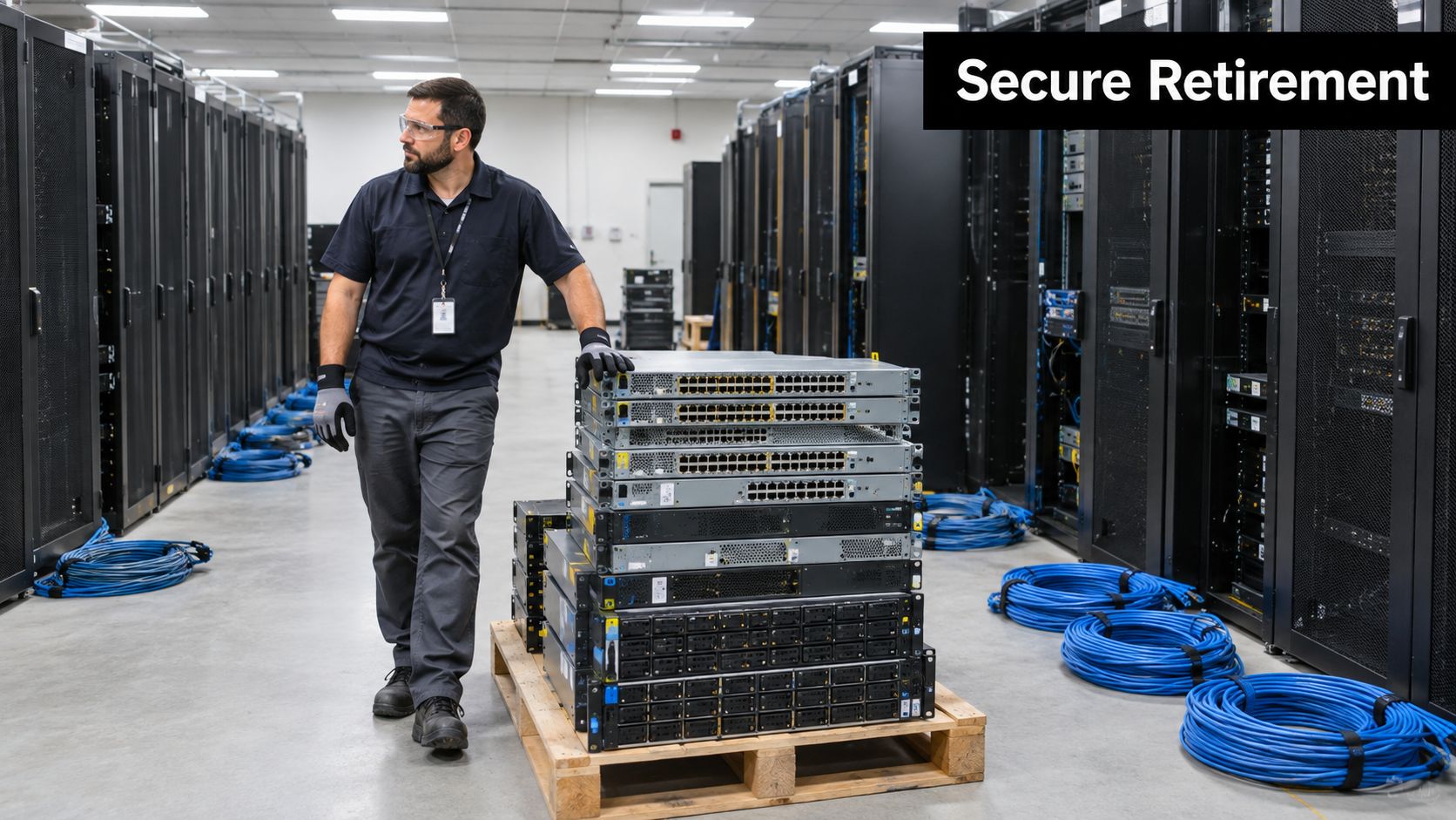 A technician wearing safety gear and goggles standing next to a pallet of decommissioned server hardware.
