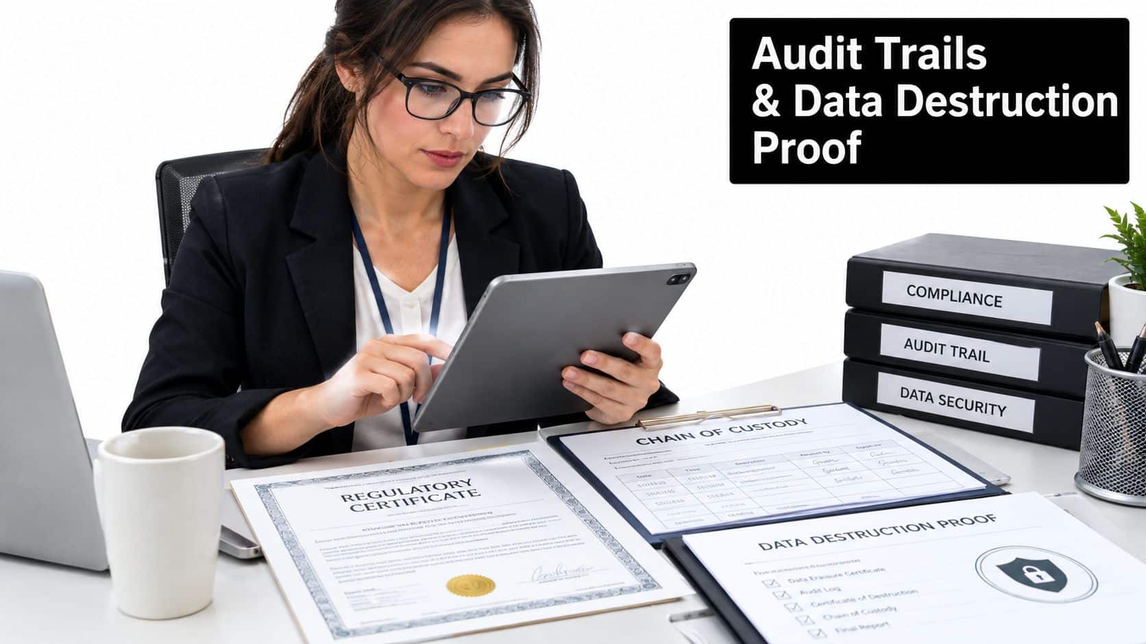 A professional woman in a business suit reviewing digital data compliance documents and records on her tablet.