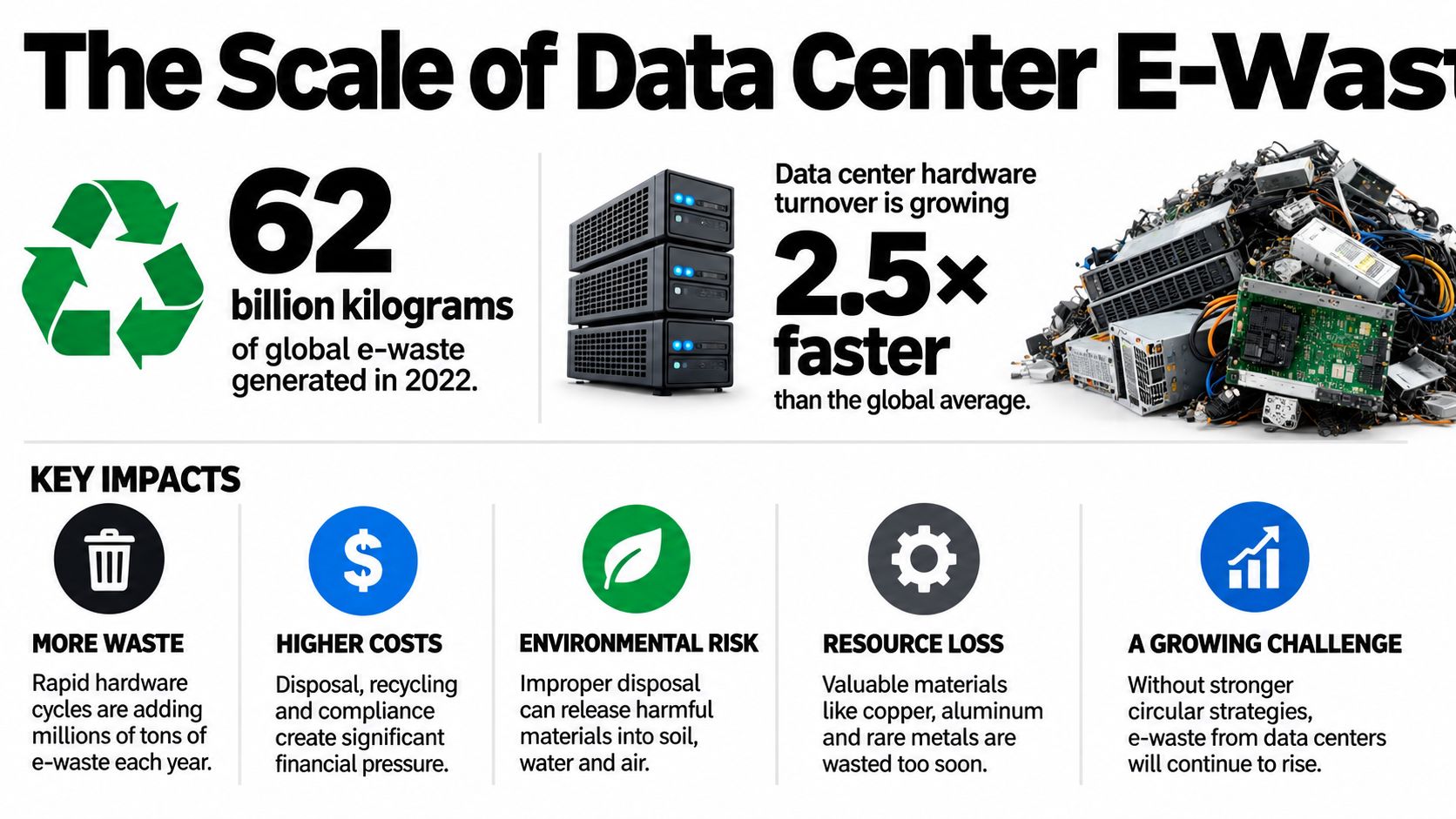 An infographic illustrating the scale of data center e-waste, highlighting annual global waste and hardware turnover.