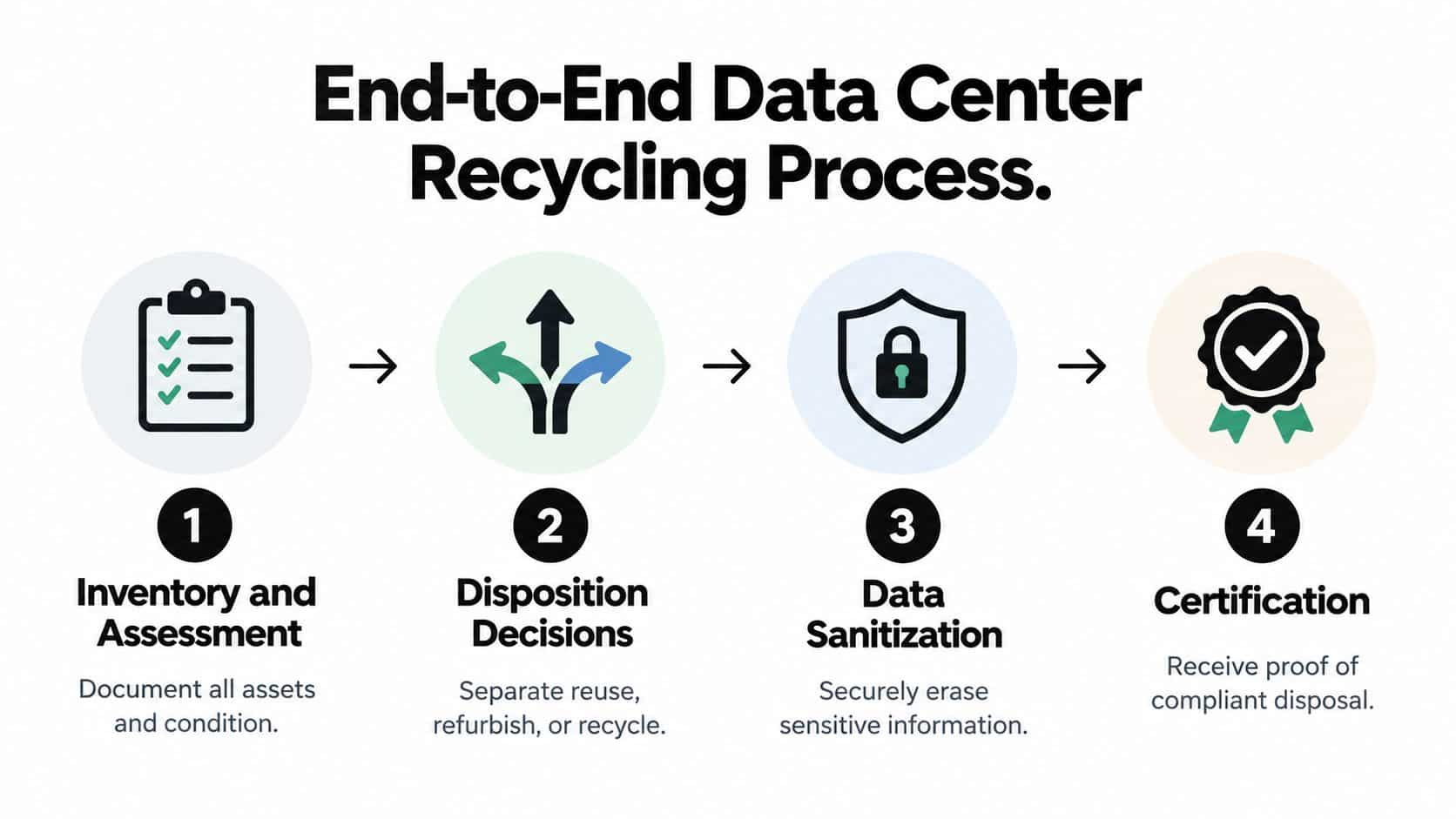 A four-step infographic illustrating the end-to-end process for recycling data center hardware equipment securely and efficiently.