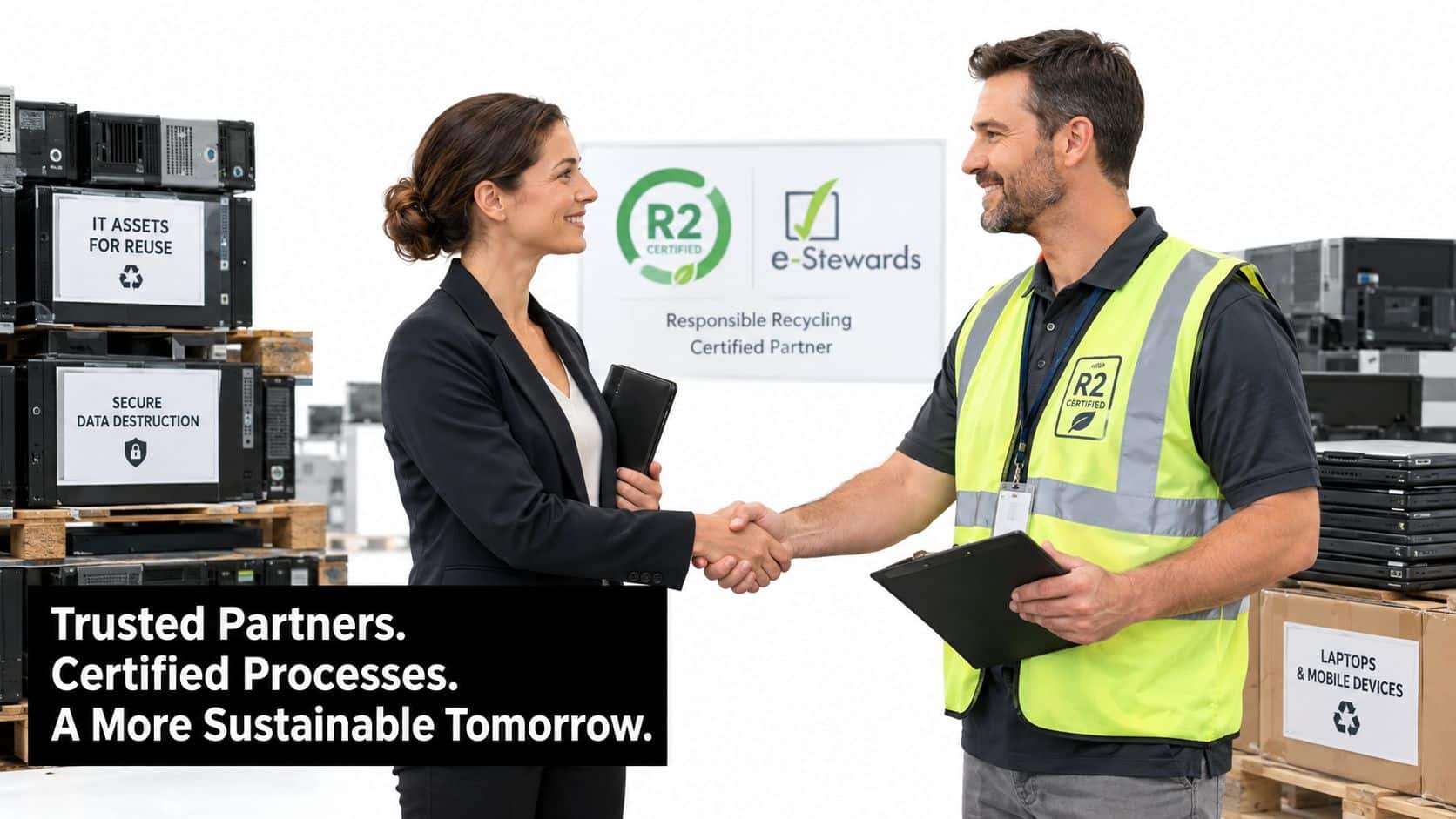 A professional woman and a worker in a high-visibility vest shaking hands in a recycling warehouse.