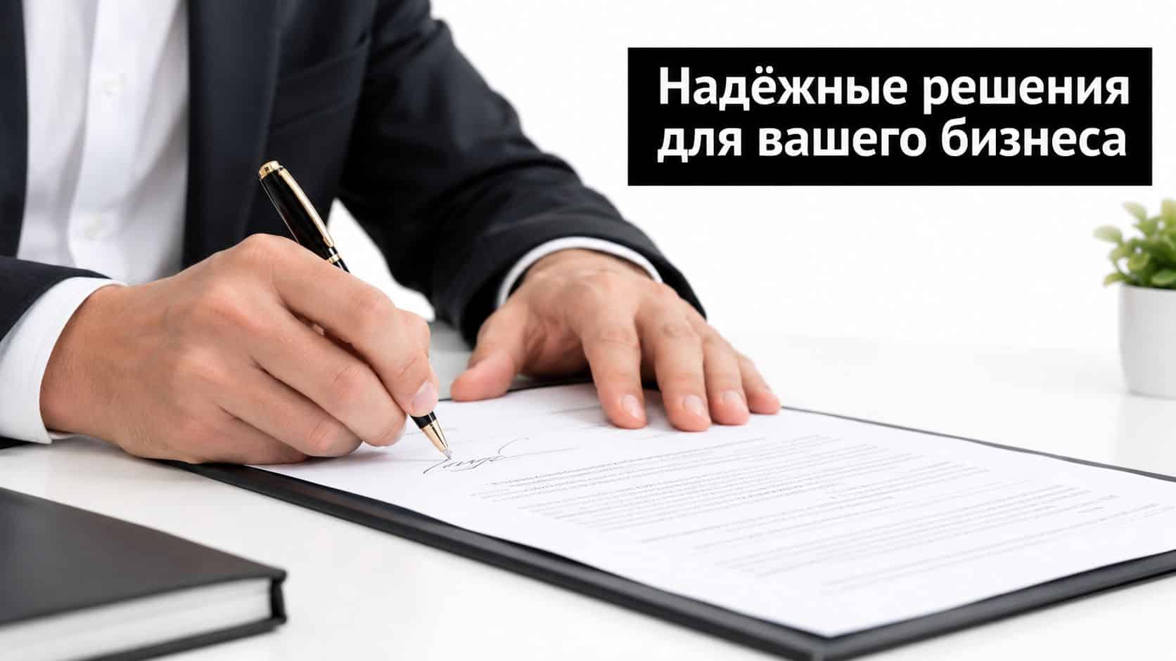 A professional businessman in a suit signing a legal contract document on a white desk.