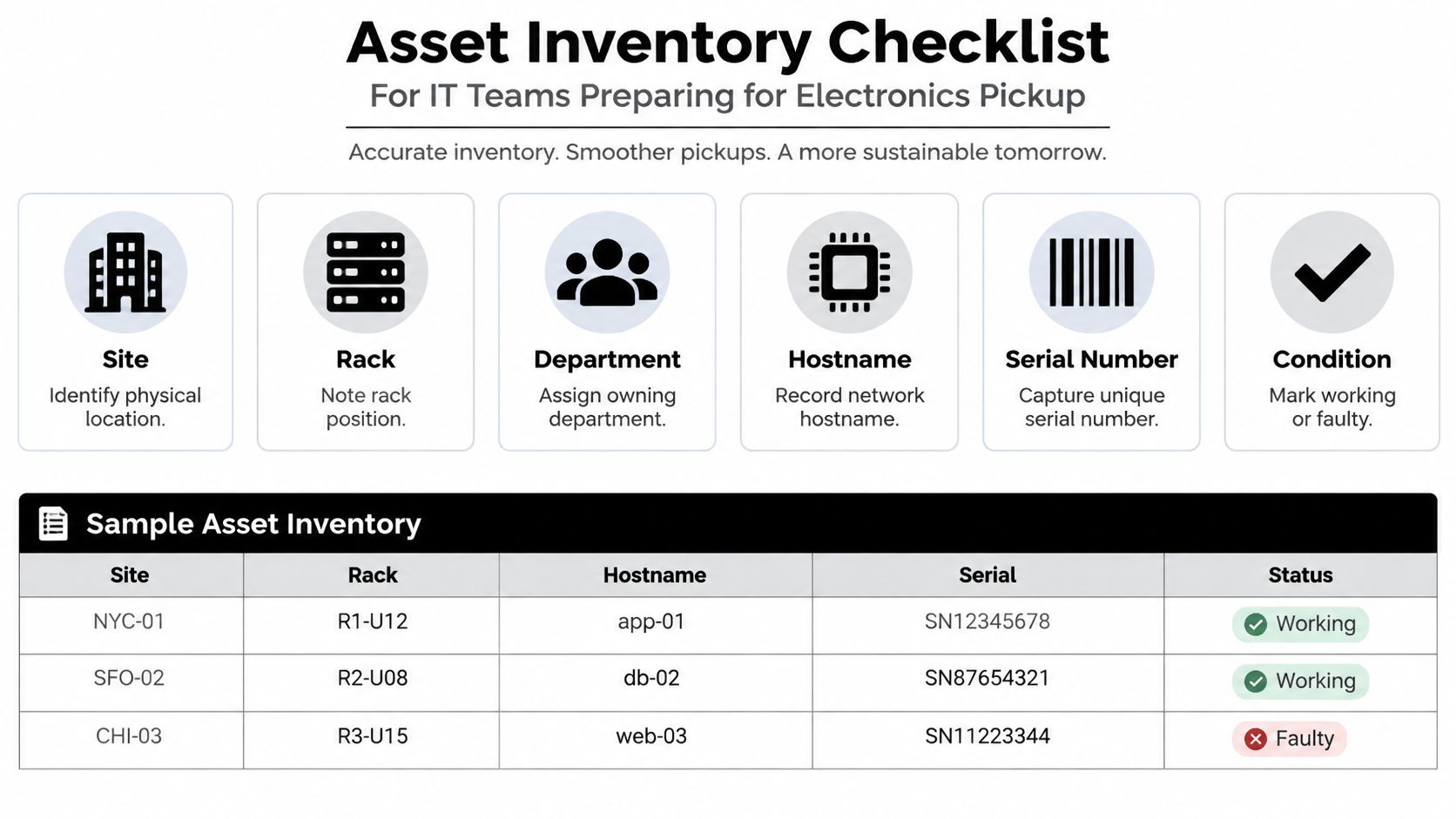 A structured asset inventory checklist for IT teams to document electronics prior to recycling or pickup.