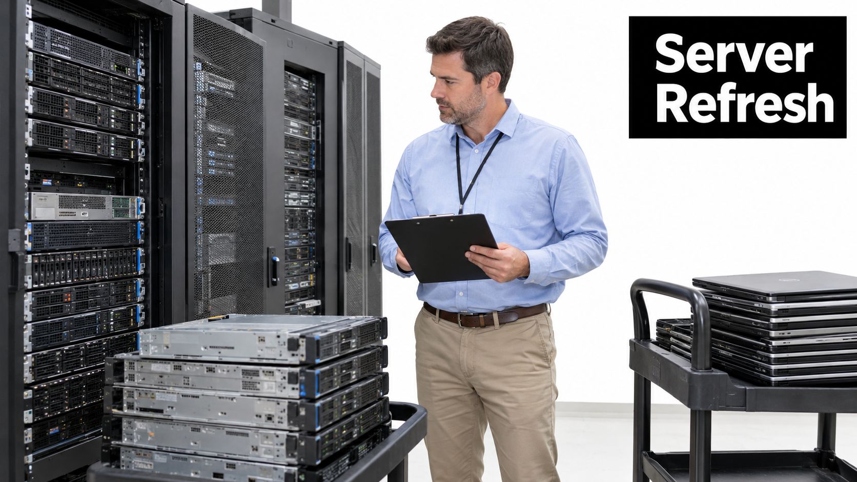 A professional technician checking servers in a data center for an IT infrastructure refresh project.