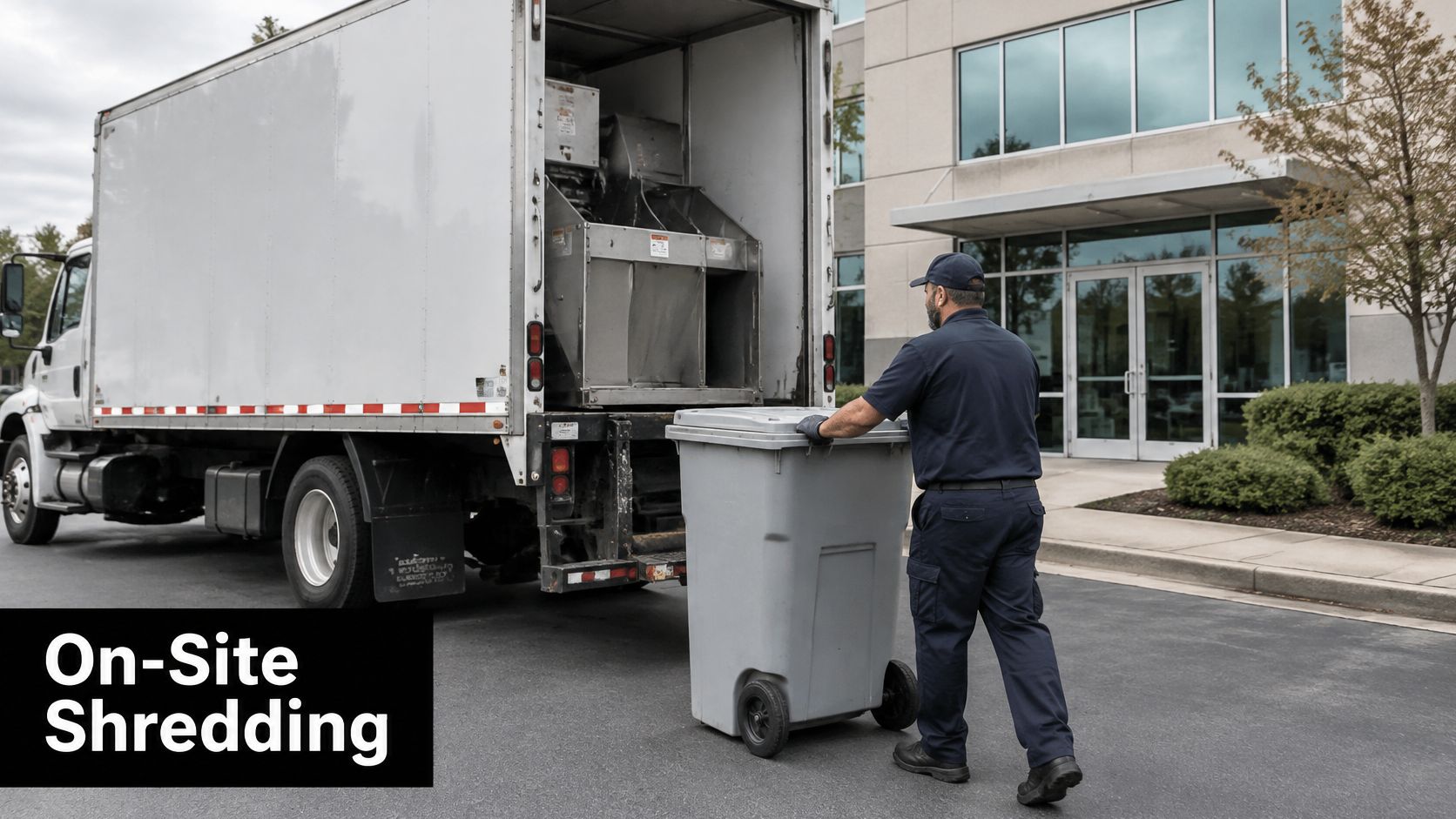 A professional document shredding service worker transports a large gray bin towards their industrial mobile shredding truck.
