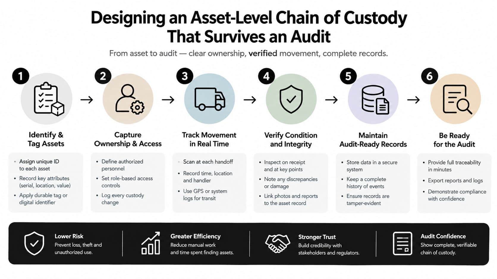 A six-step diagram illustrating the process of building an audit-ready asset-level chain of custody for businesses.