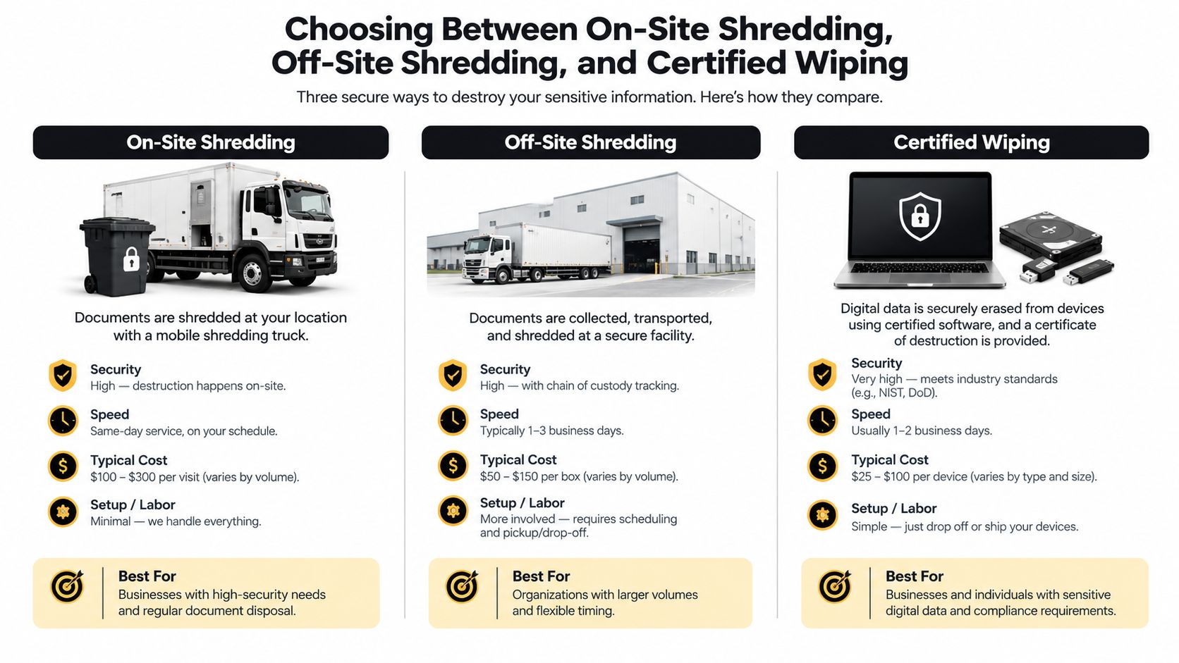 A comparison chart outlining the differences between on-site shredding, off-site shredding, and certified data wiping services.
