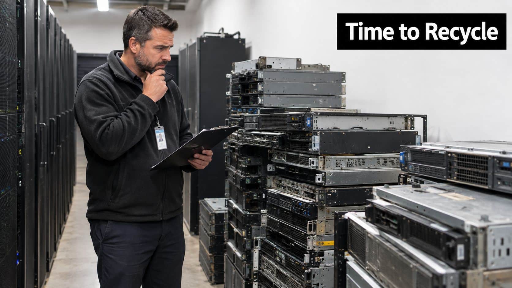 A technician inspecting a stack of retired server equipment in a data center for recycling purposes.
