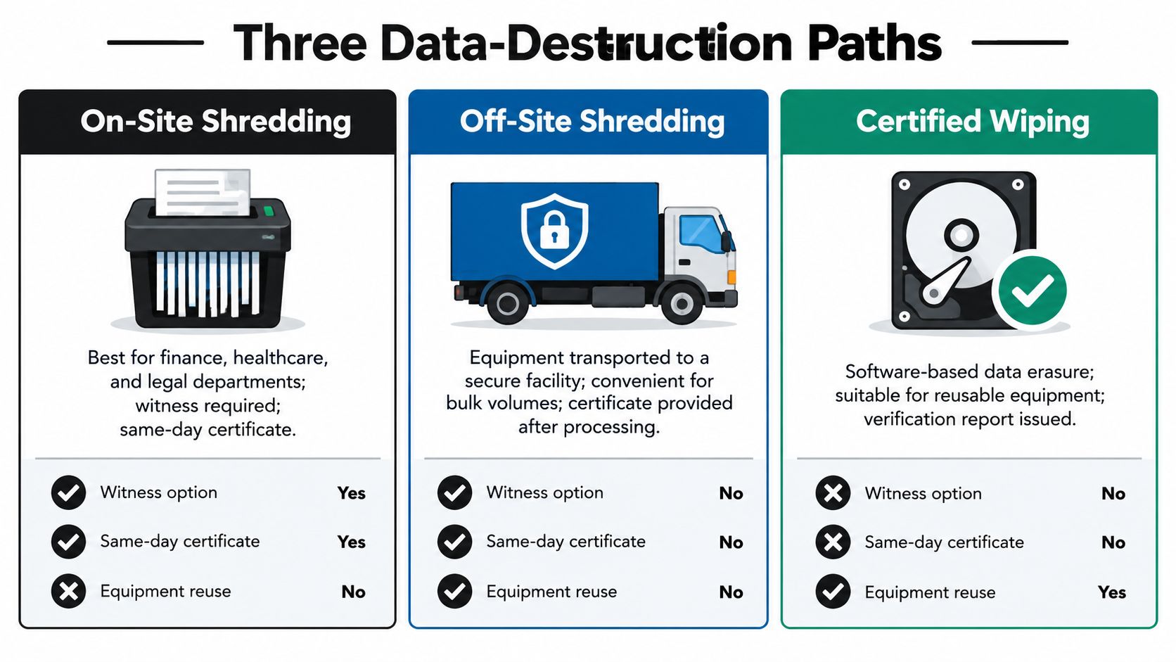 A comparison chart showing three data-destruction paths: on-site shredding, off-site shredding, and certified data wiping methods.