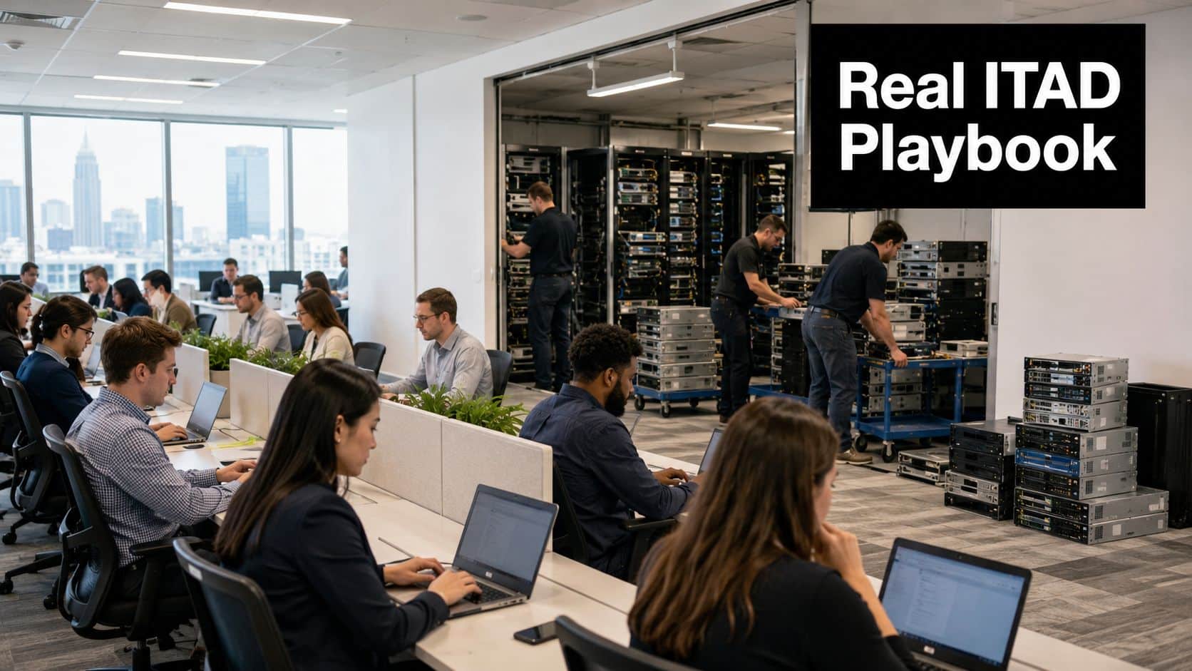 A busy IT office workspace featuring employees working on laptops while technicians organize server hardware nearby.