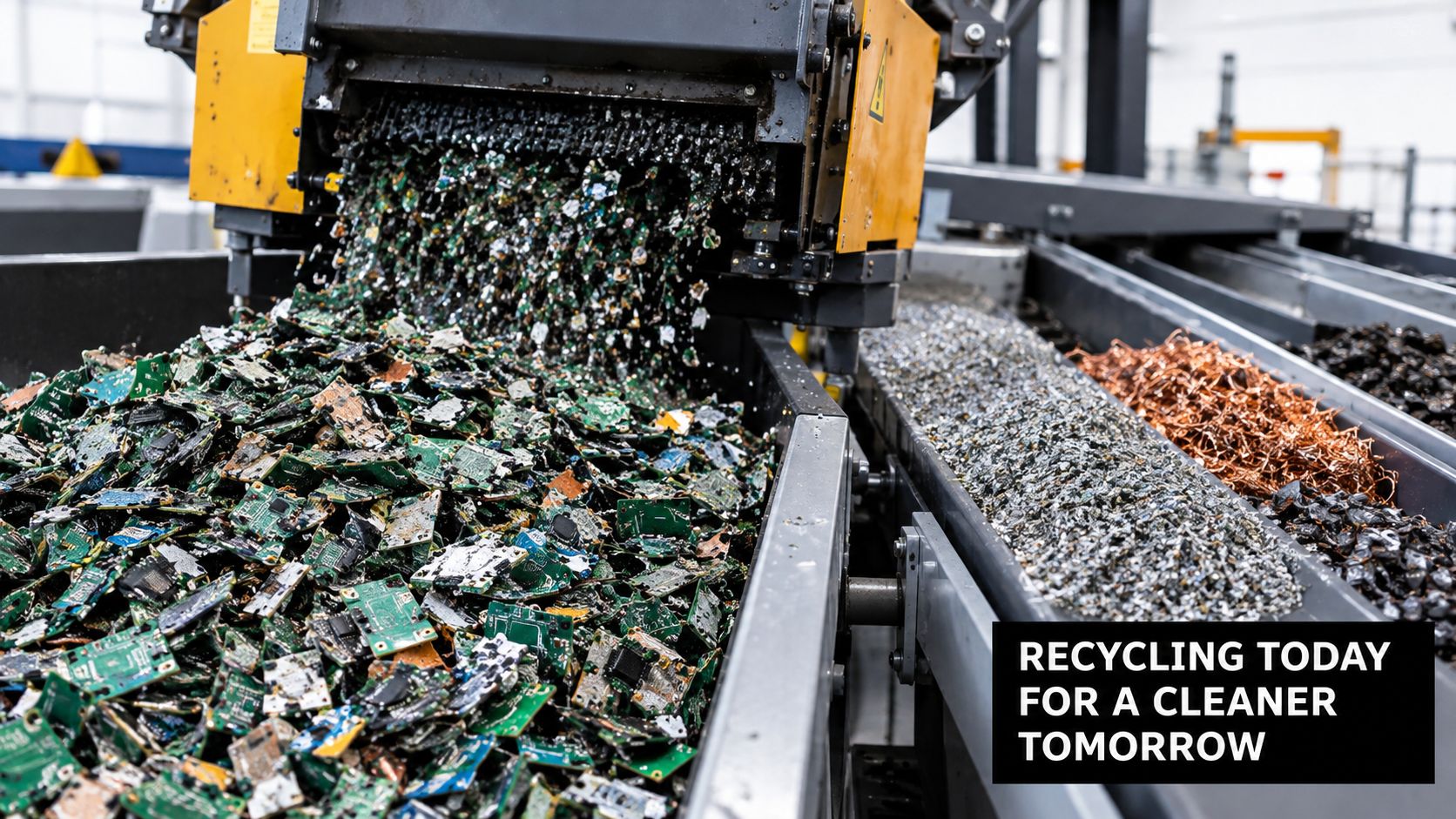 Industrial machine shredding and sorting electronic circuit boards on a high-tech recycling facility conveyor belt.