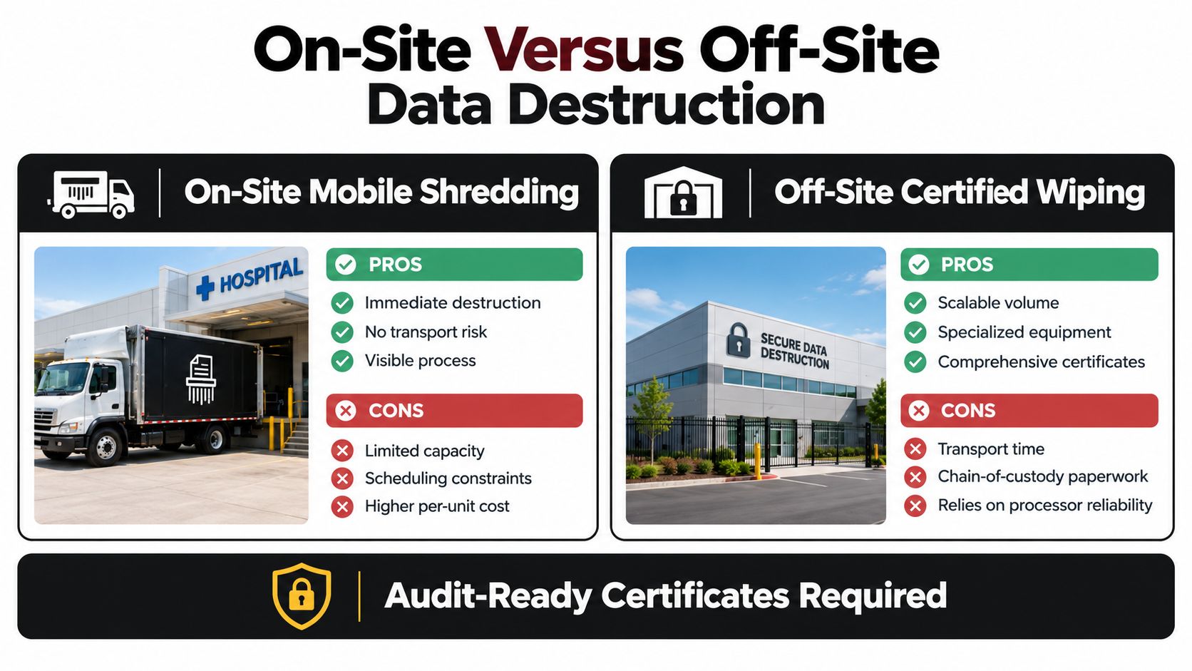 A comparison chart outlining the pros and cons of on-site mobile shredding versus off-site certified data wiping.