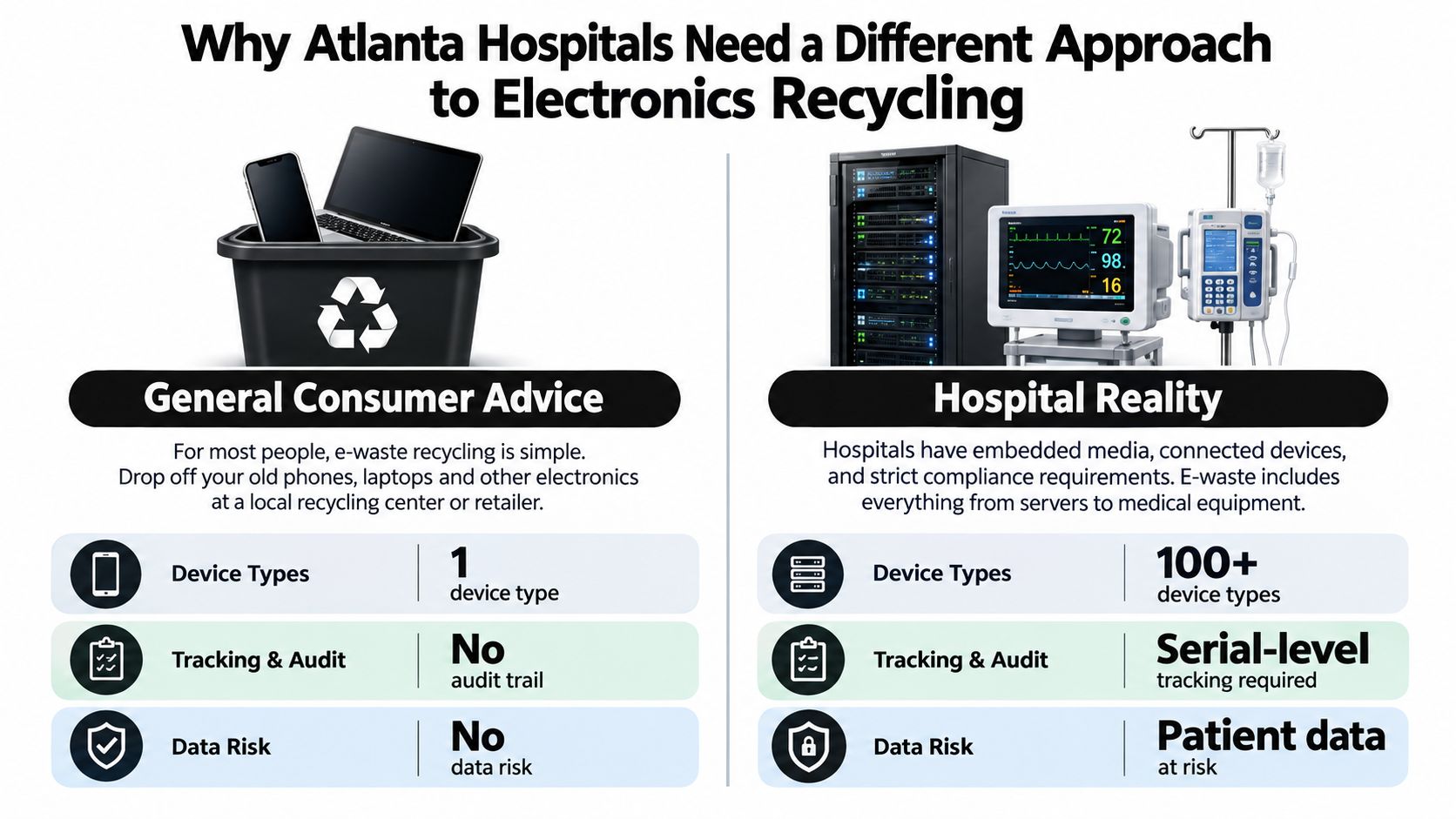 A comparison infographic showing why hospitals need different e-waste recycling approaches compared to average consumers.