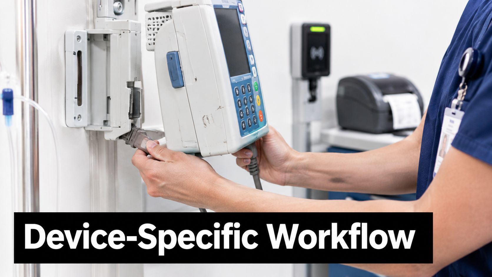 A healthcare professional handling medical equipment components to ensure proper device-specific workflow in a hospital setting.