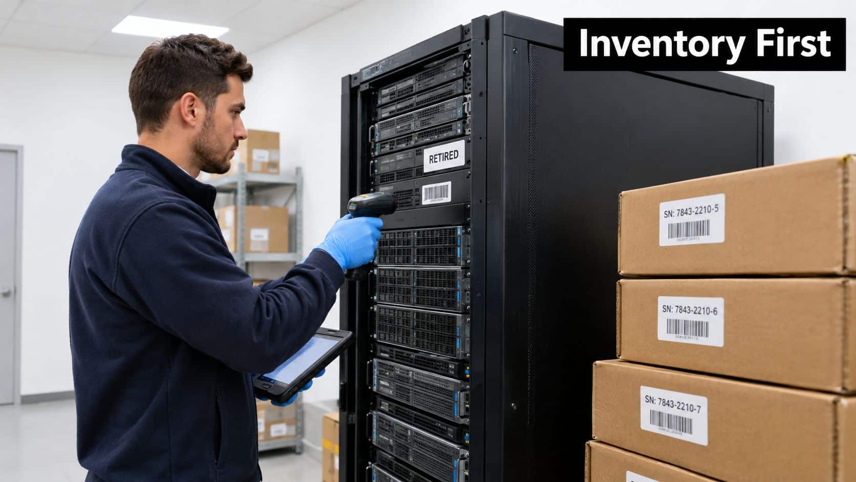 A technician wearing blue protective gloves scans a server rack in a secure data storage facility.