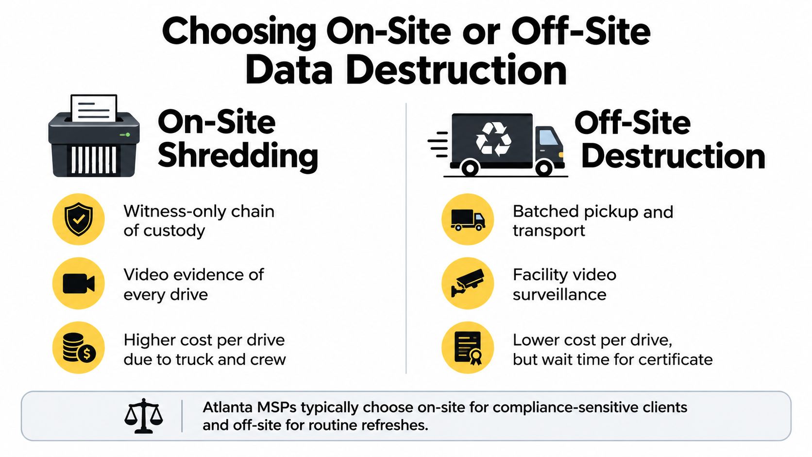 A comparison chart showing the differences between on-site and off-site data destruction services for IT assets.