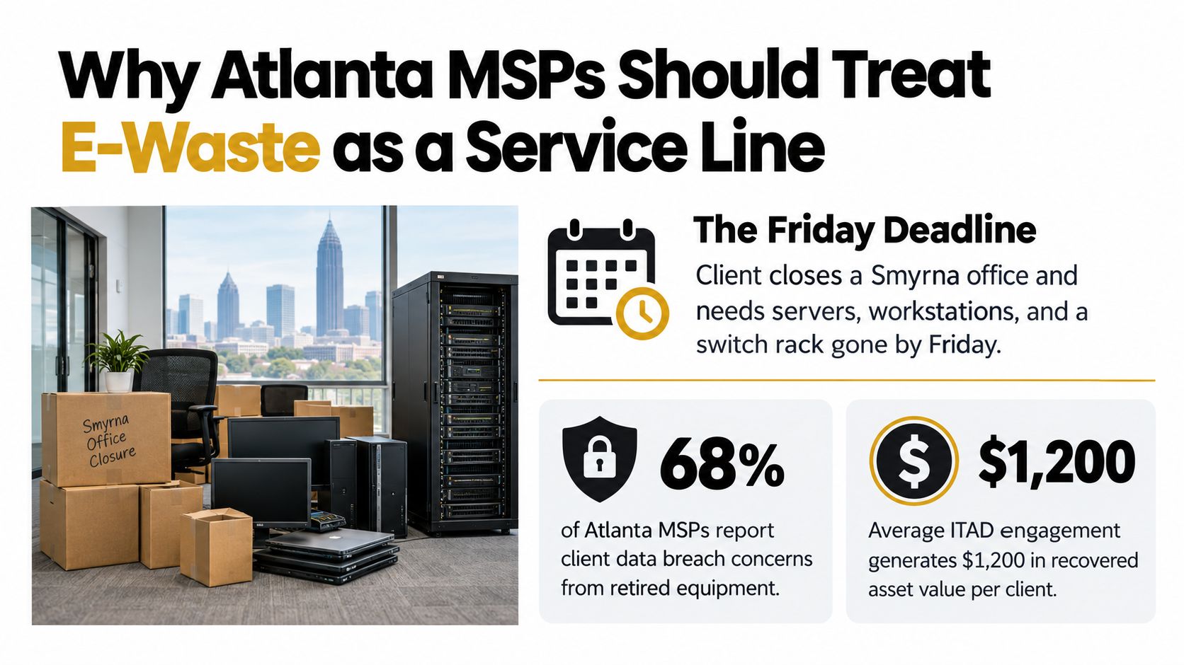 An infographic titled Why Atlanta MSPs Should Treat E-Waste as a Service Line with data statistics.