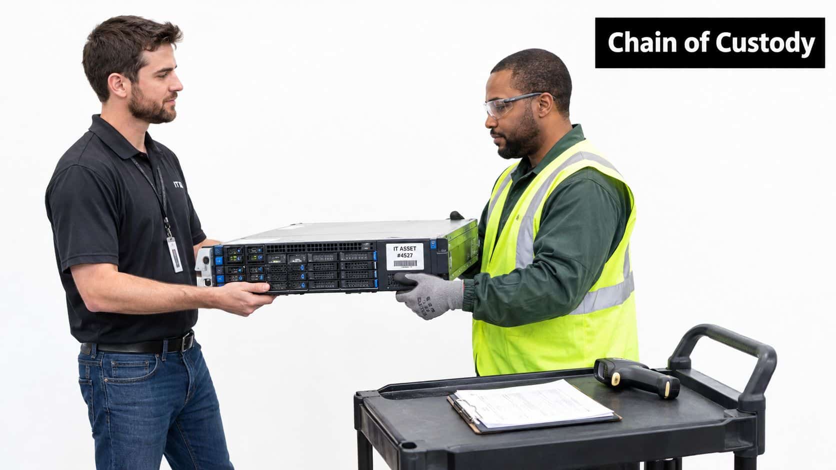 Two professionals performing a secure IT asset handoff of a rack server in a warehouse setting.
