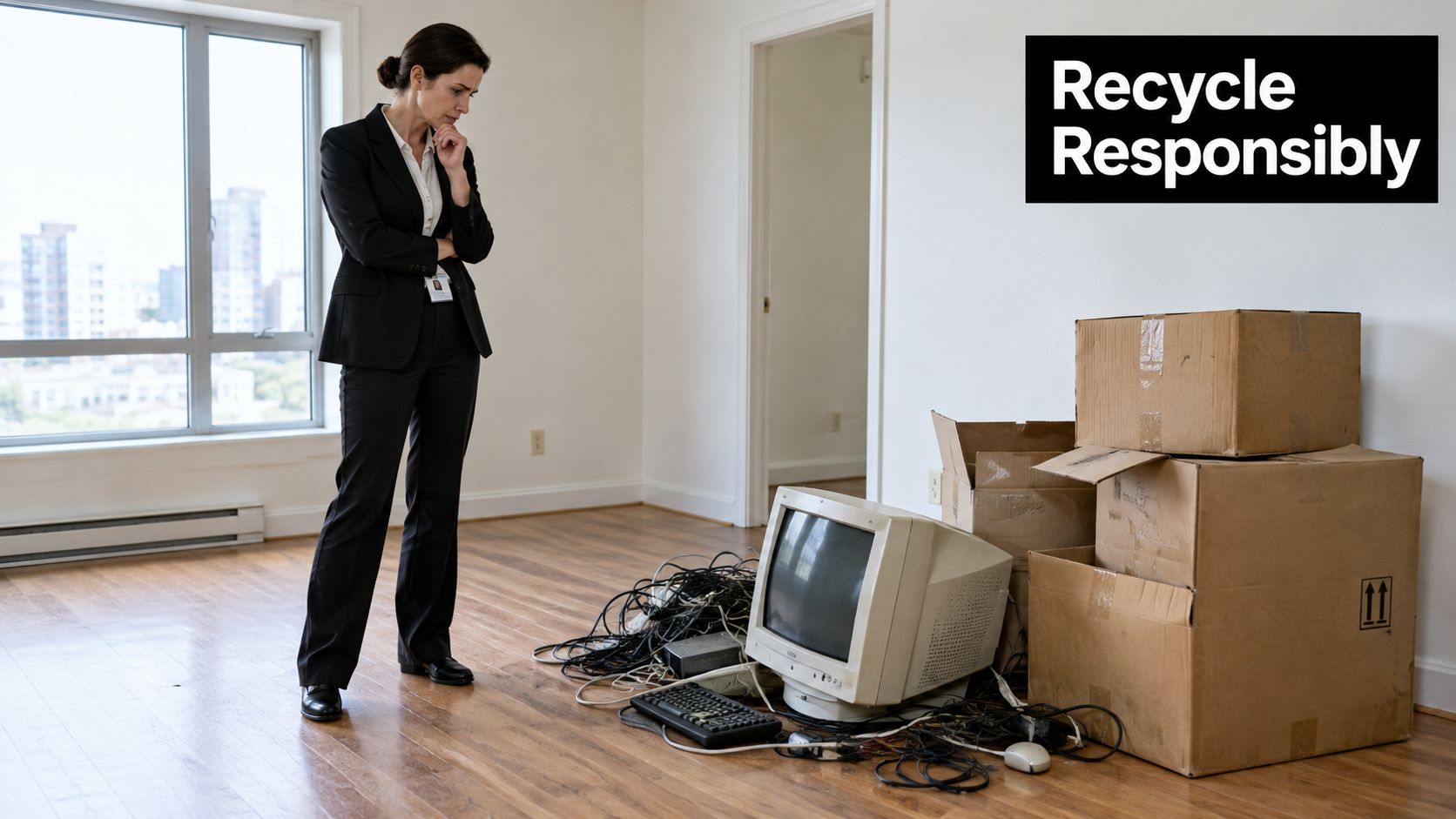 A professional woman in a suit looks thoughtfully at a pile of old computer electronics to recycle.