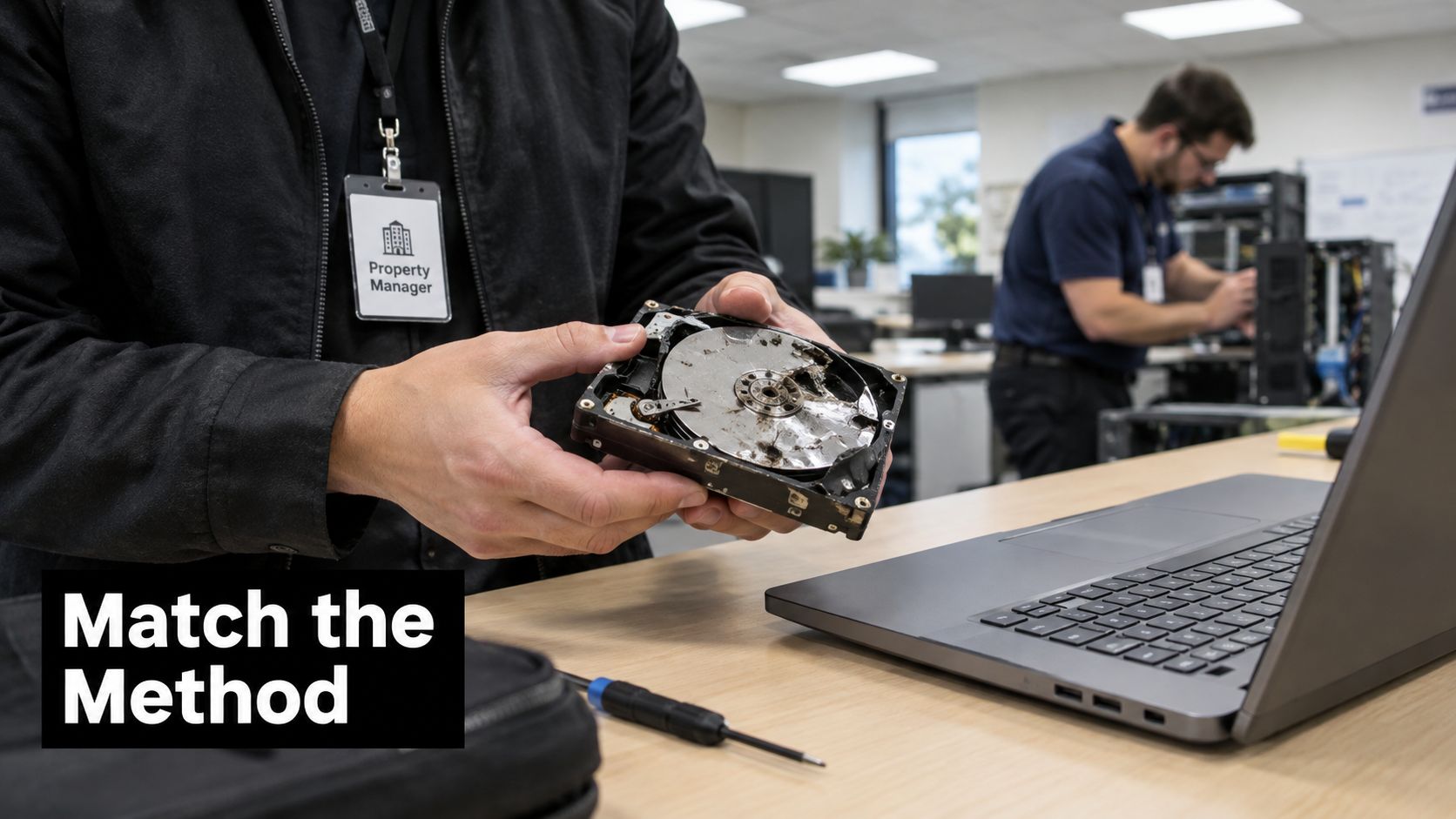 A property manager holding a damaged hard drive in an office with a technician working in background.