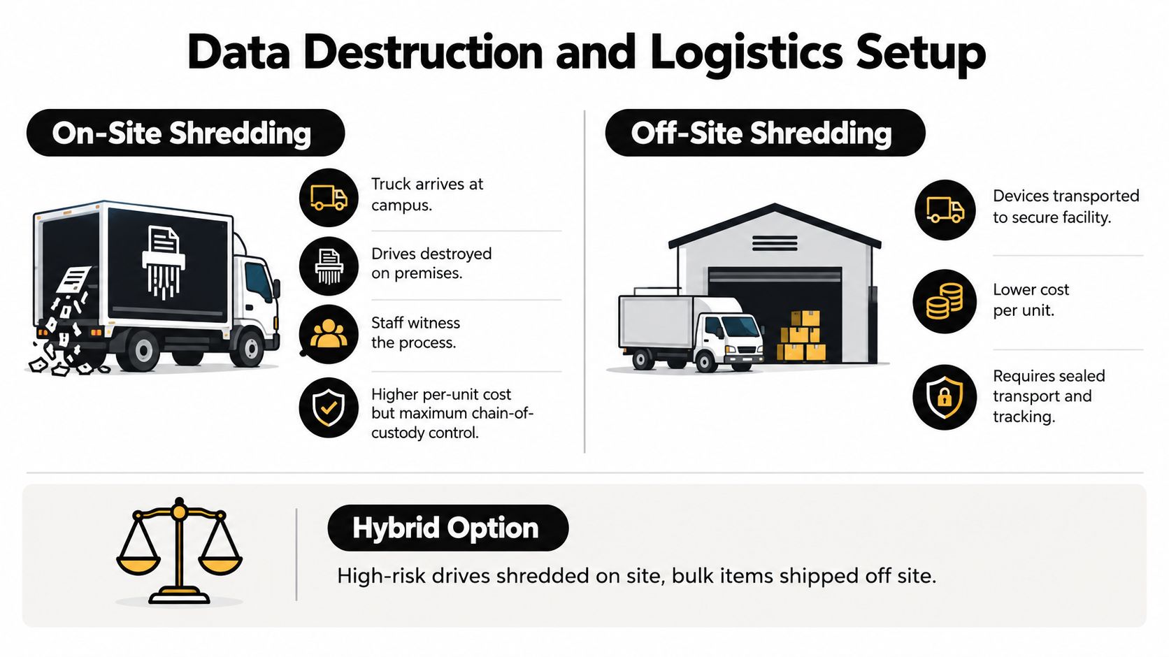 A diagram comparing on-site, off-site, and hybrid data destruction methods for secure electronics recycling and logistics.