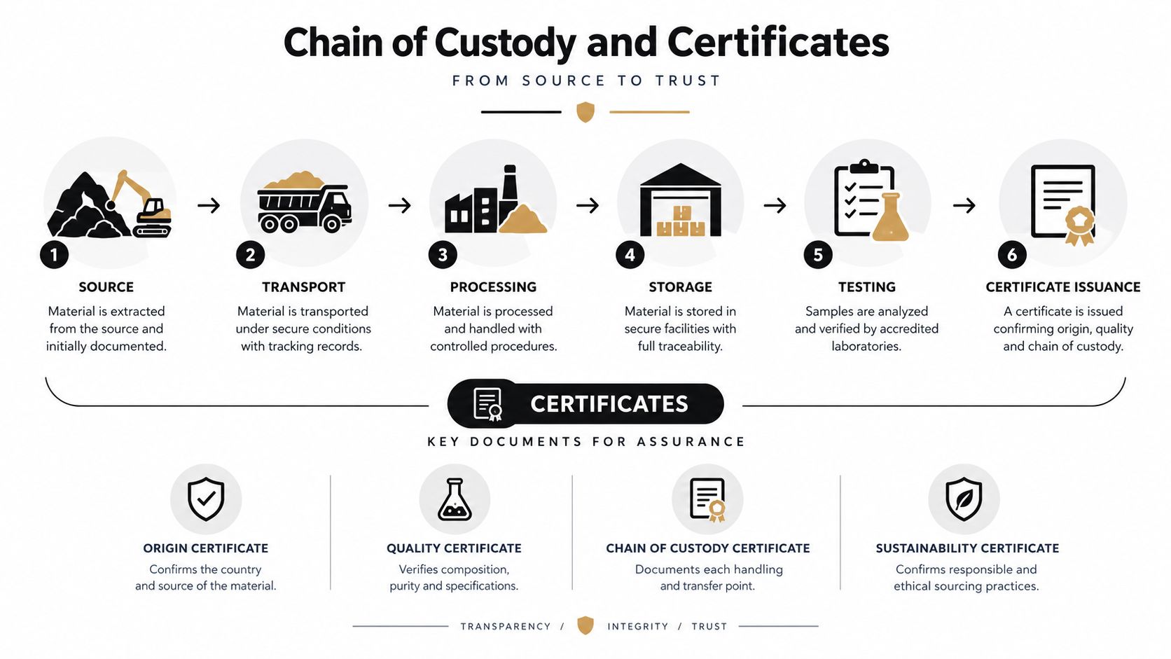 A diagram illustrating the six-step supply chain process and the various certificates used for quality assurance.