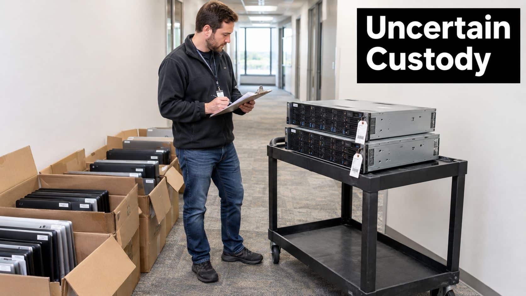 An IT technician checking hardware inventory with a clipboard next to server equipment and boxes of laptops.