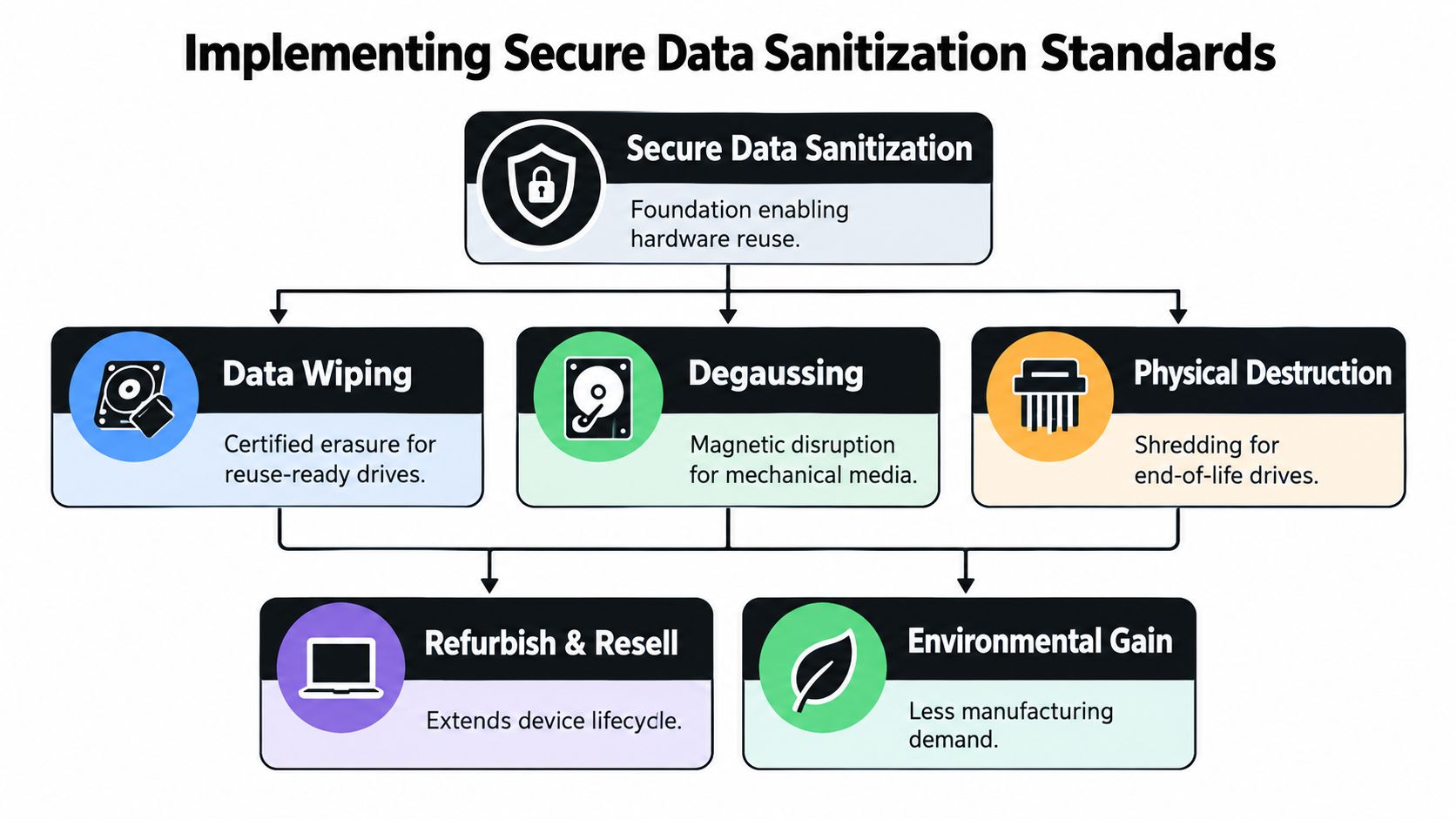A flowchart showing the process of secure data sanitization leading to hardware reuse and environmental benefits.